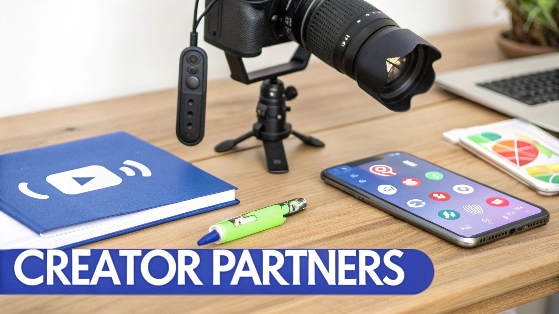 Creator's workspace with camera equipment, a smartphone, and a book on a wooden table.