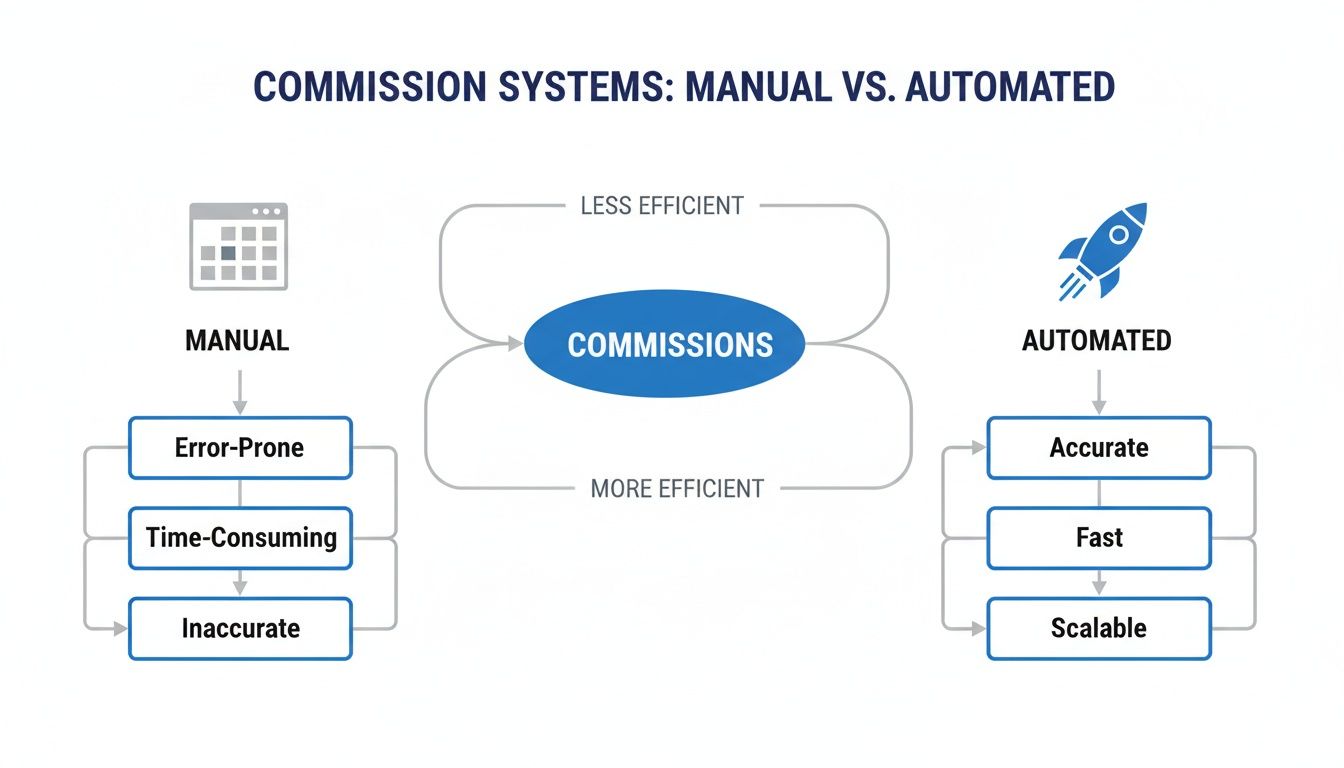 Comparison of manual versus automated commission systems, highlighting inefficiencies and benefits like accuracy and scalability.