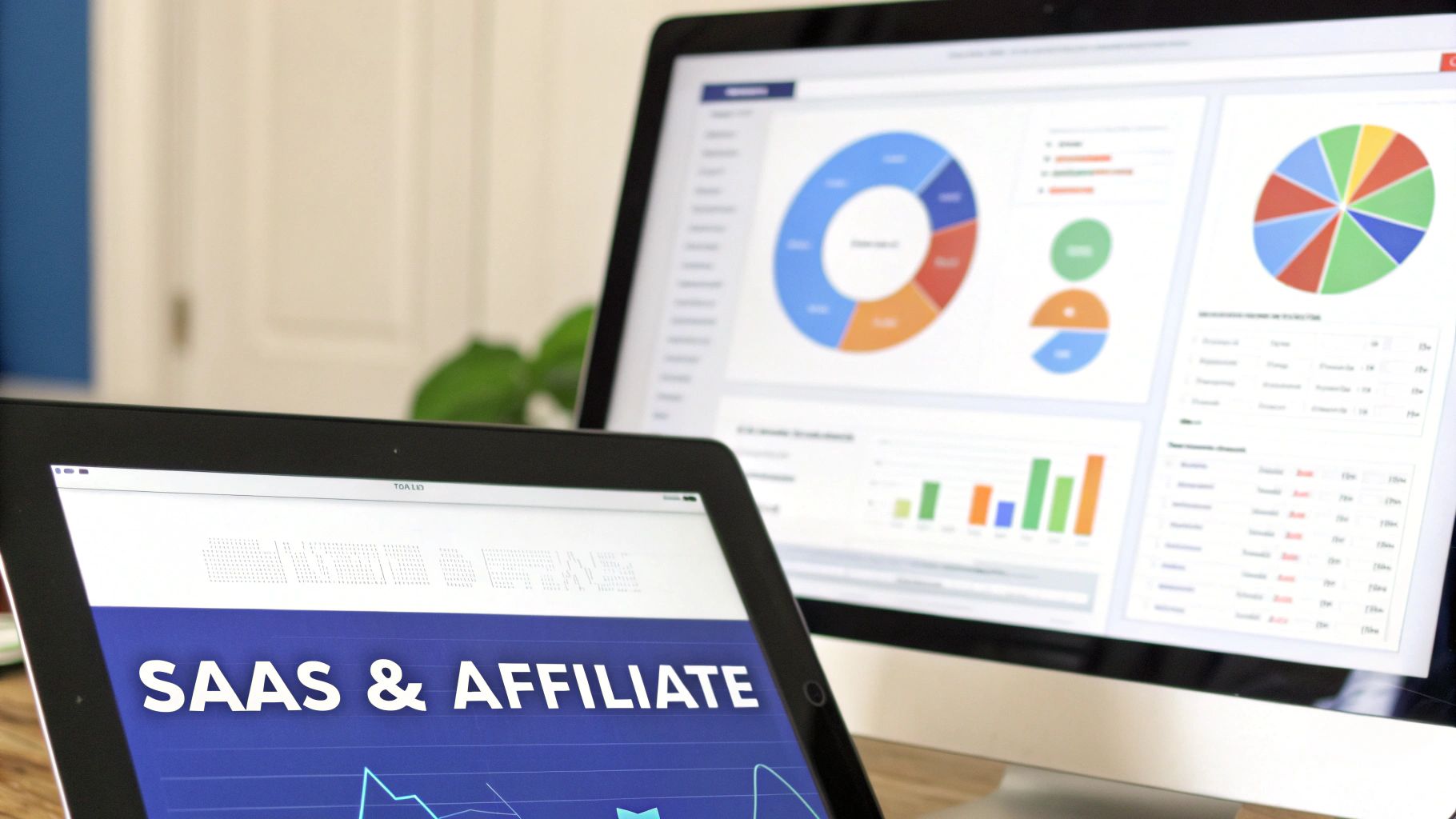Two digital screens displaying business analytics dashboards with charts, graphs, and 'SAAS & AFFILIATE' text.