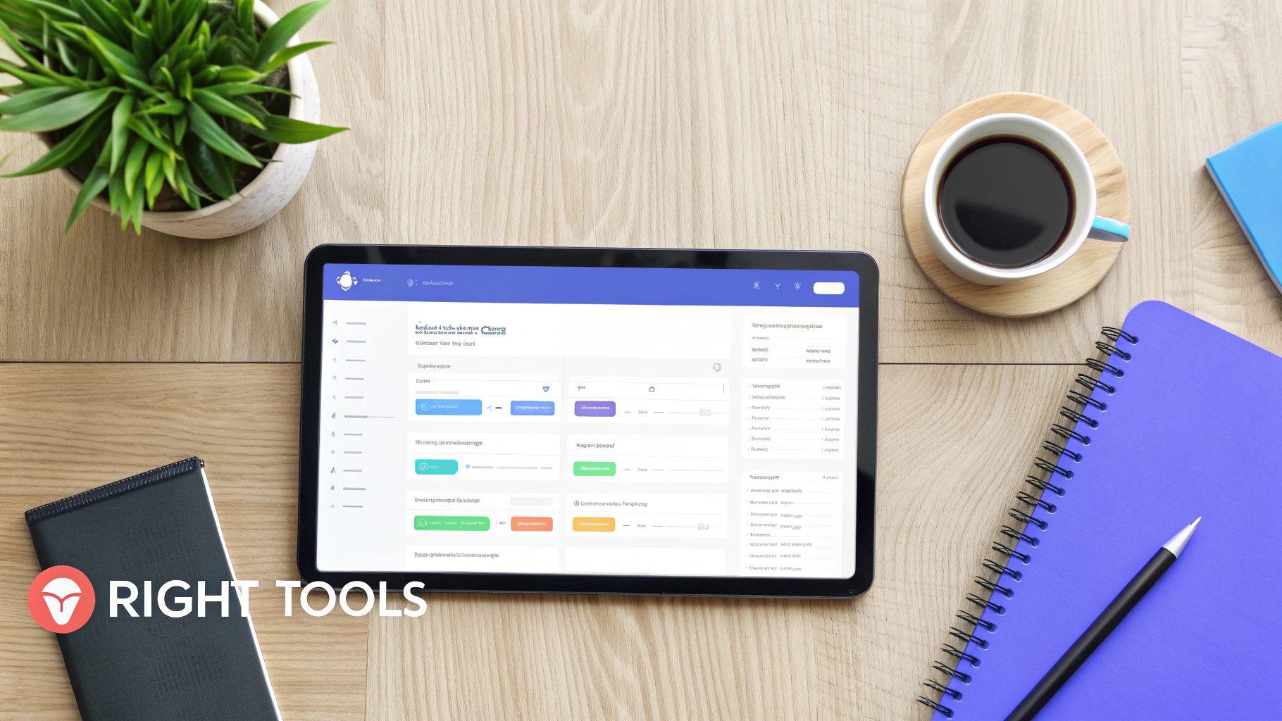 A flat lay of a modern workspace with a tablet displaying business software, a coffee cup, and a notebook.