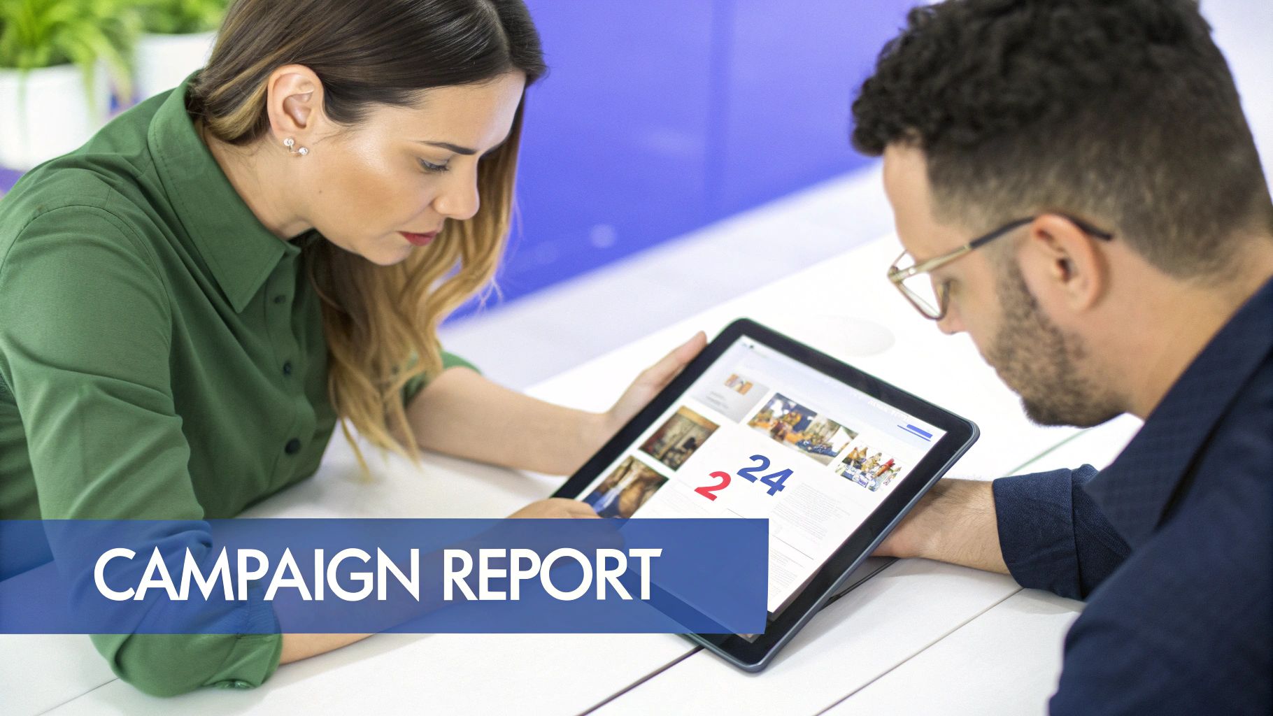 Two professionals review a digital campaign report on a tablet, collaborating in an office setting.