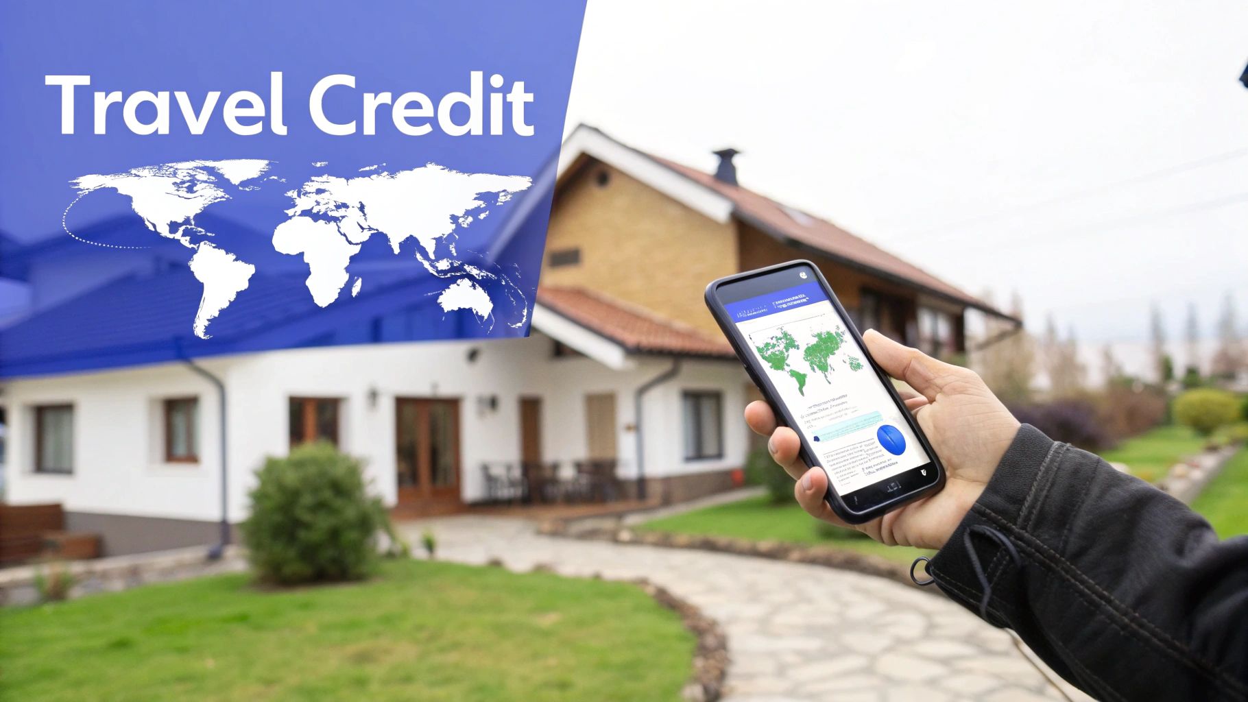 A person holds a smartphone showing a world map, with a 'Travel Credit' banner and world map in the background.