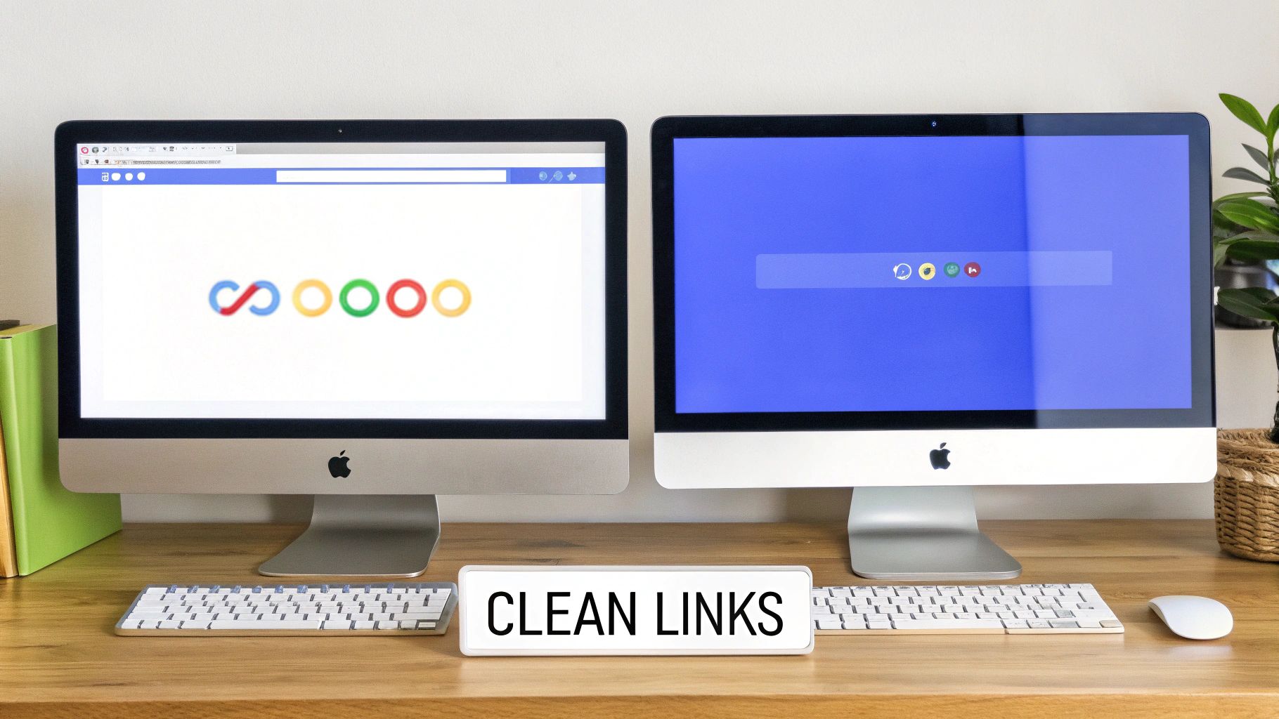Dual monitor desk setup featuring two Apple iMac computers, keyboards, and a 'CLEAN LINKS' sign.