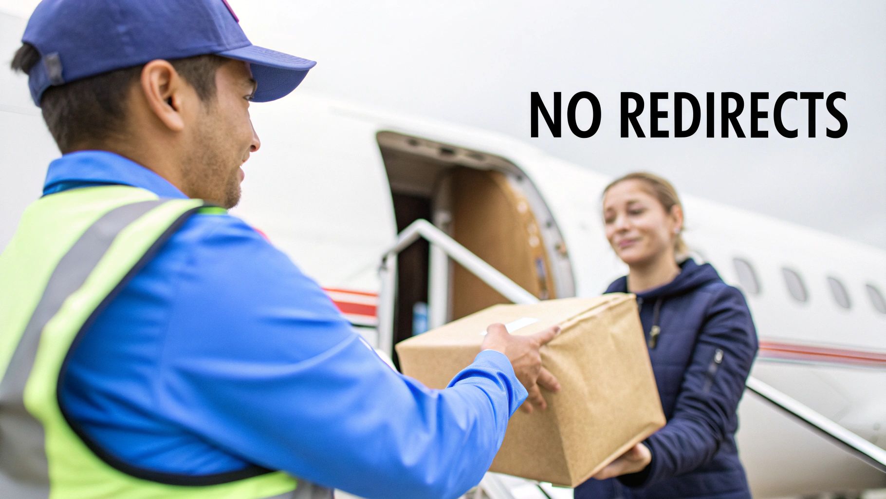 Delivery worker in blue uniform handing cardboard package to smiling customer near airplane