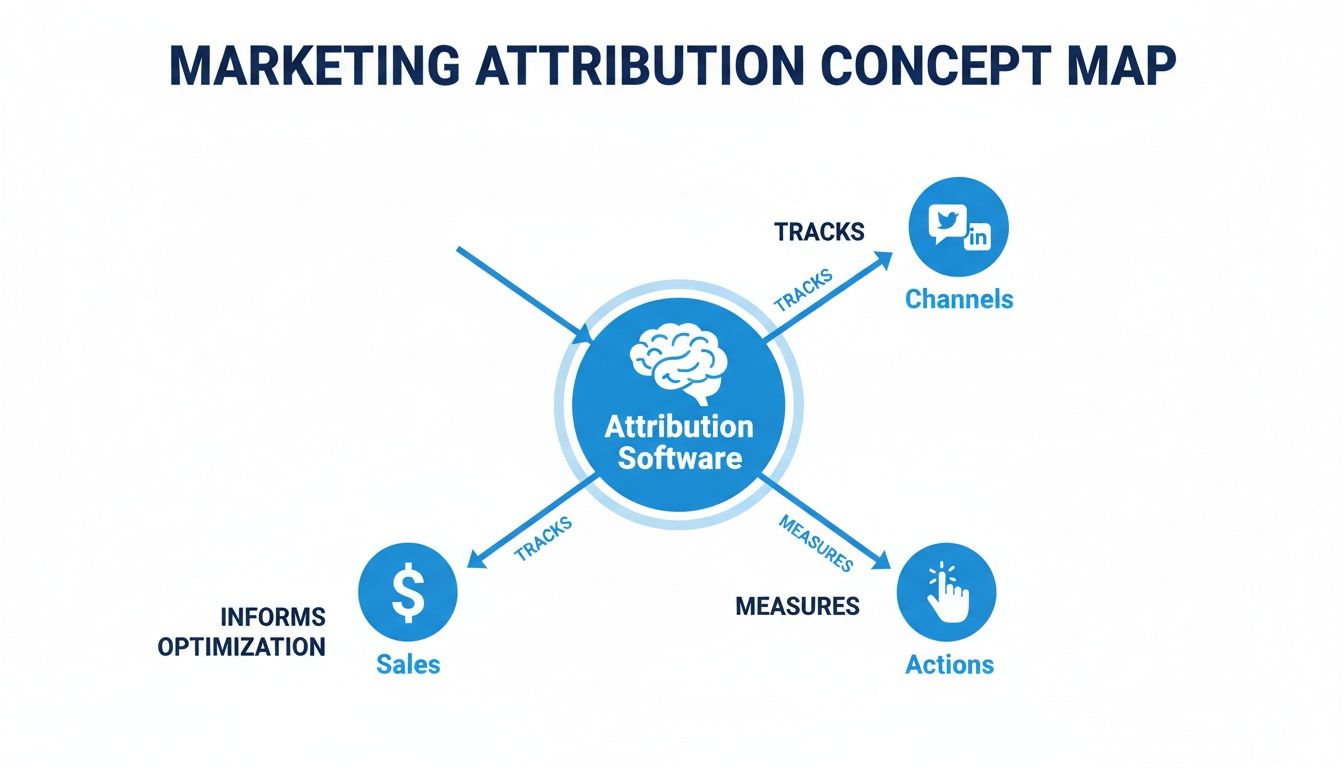 A concept map illustrating how marketing attribution software tracks channels, actions, and sales to inform optimization.