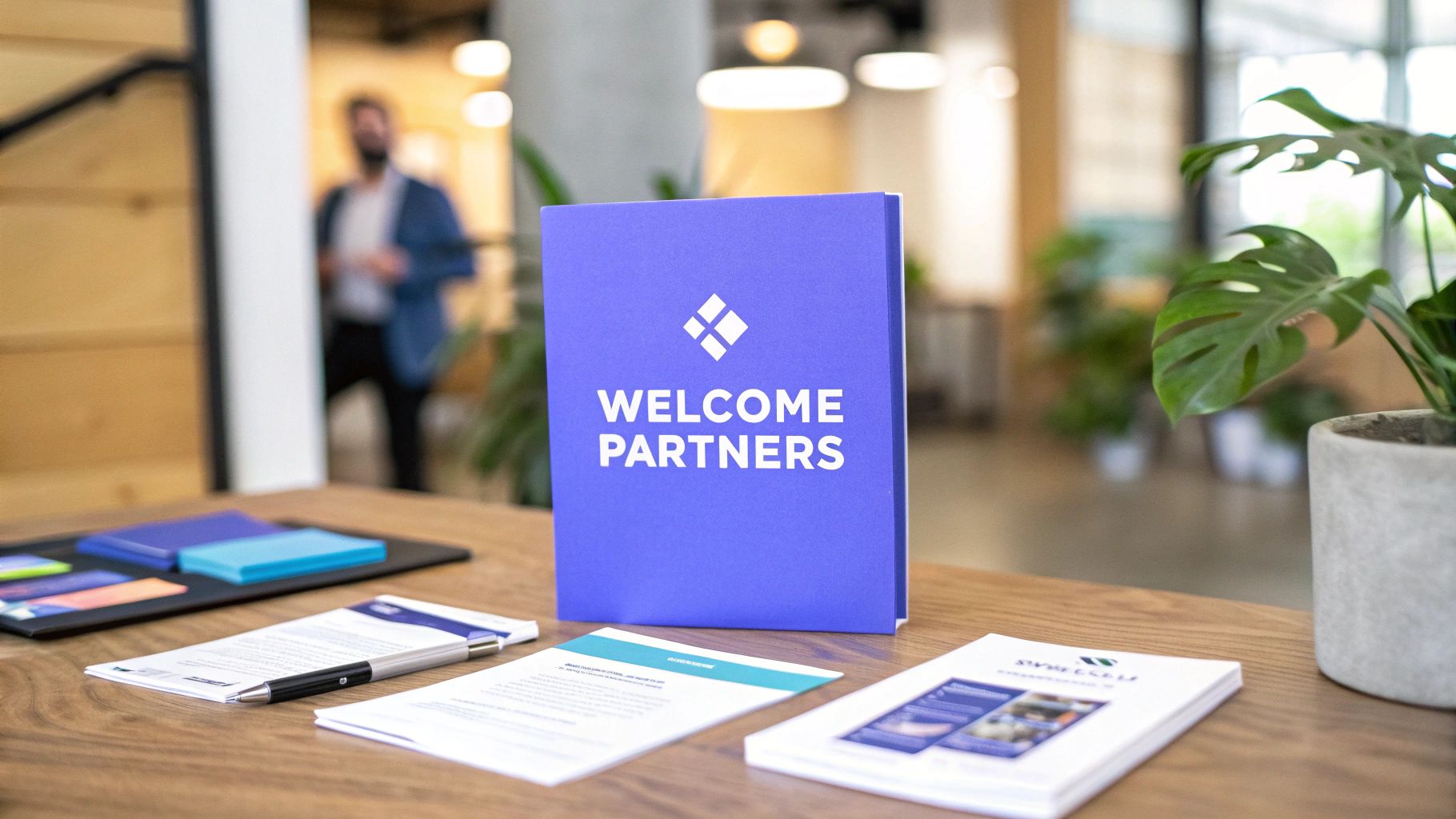 Two people shaking hands over a desk, signifying a new partnership