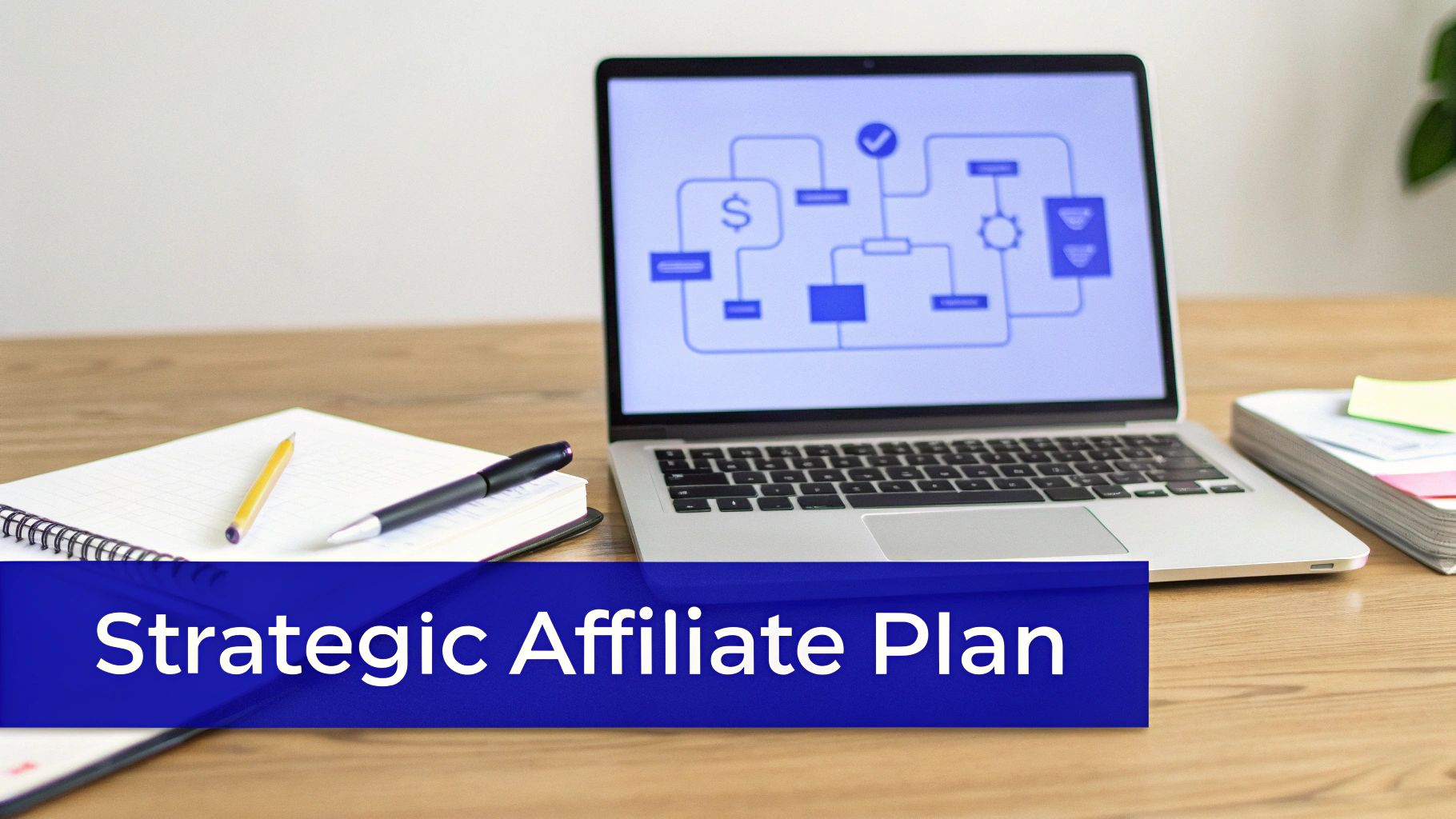 A laptop displaying a strategic affiliate plan flowchart, with a notebook, pen, and pencil on a wooden desk.