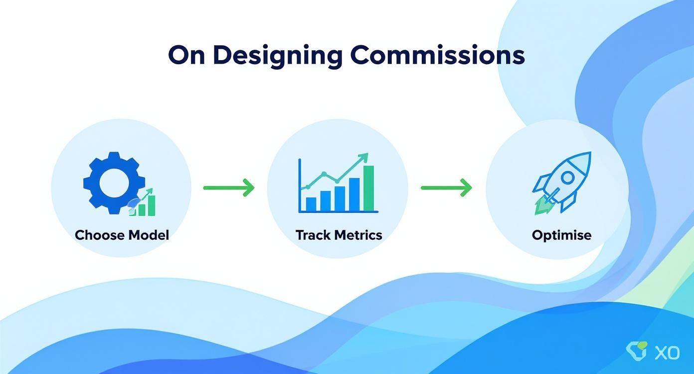 A three-step process for designing commissions: Choose Model, Track Metrics, and Optimise, with icons.