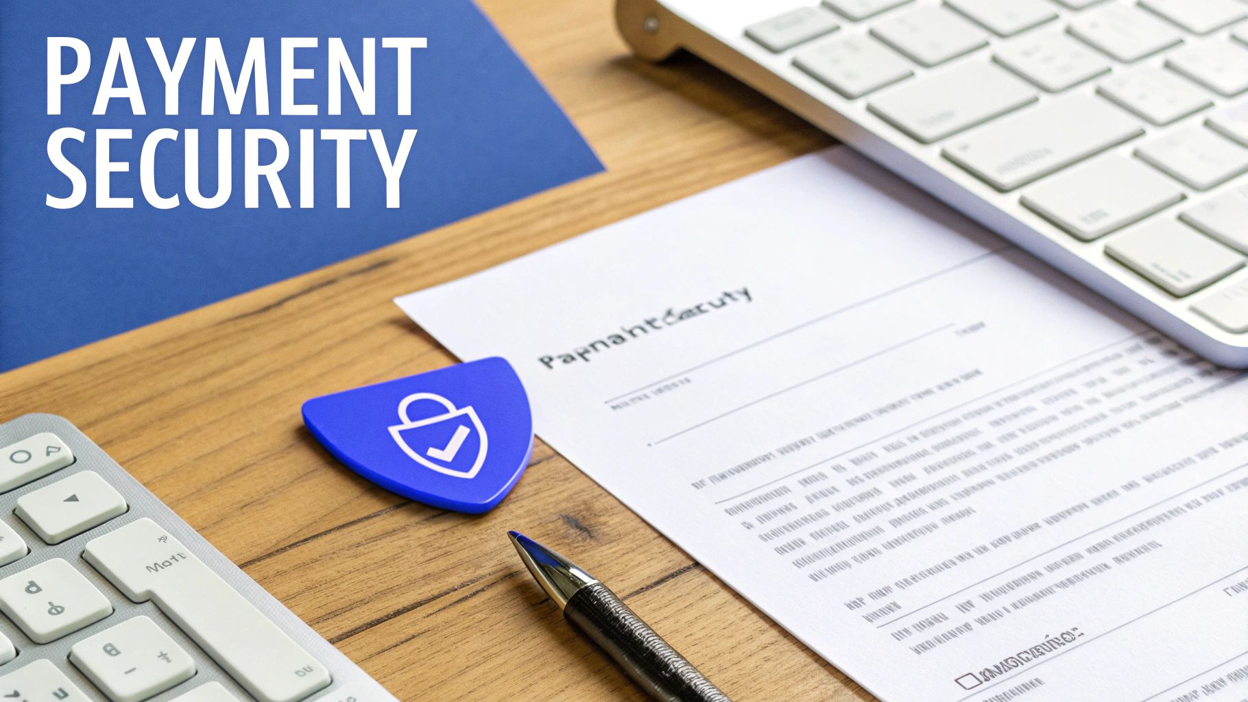 A desk with a keyboard, pen, and document, featuring a blue shield icon with a lock and checkmark, alongside text reading 'PAYMENT SECURITY'.