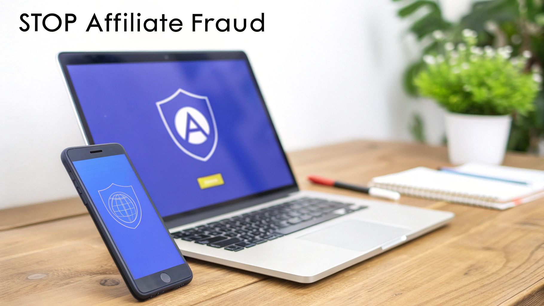 A laptop and smartphone display security icons on a wooden desk with 