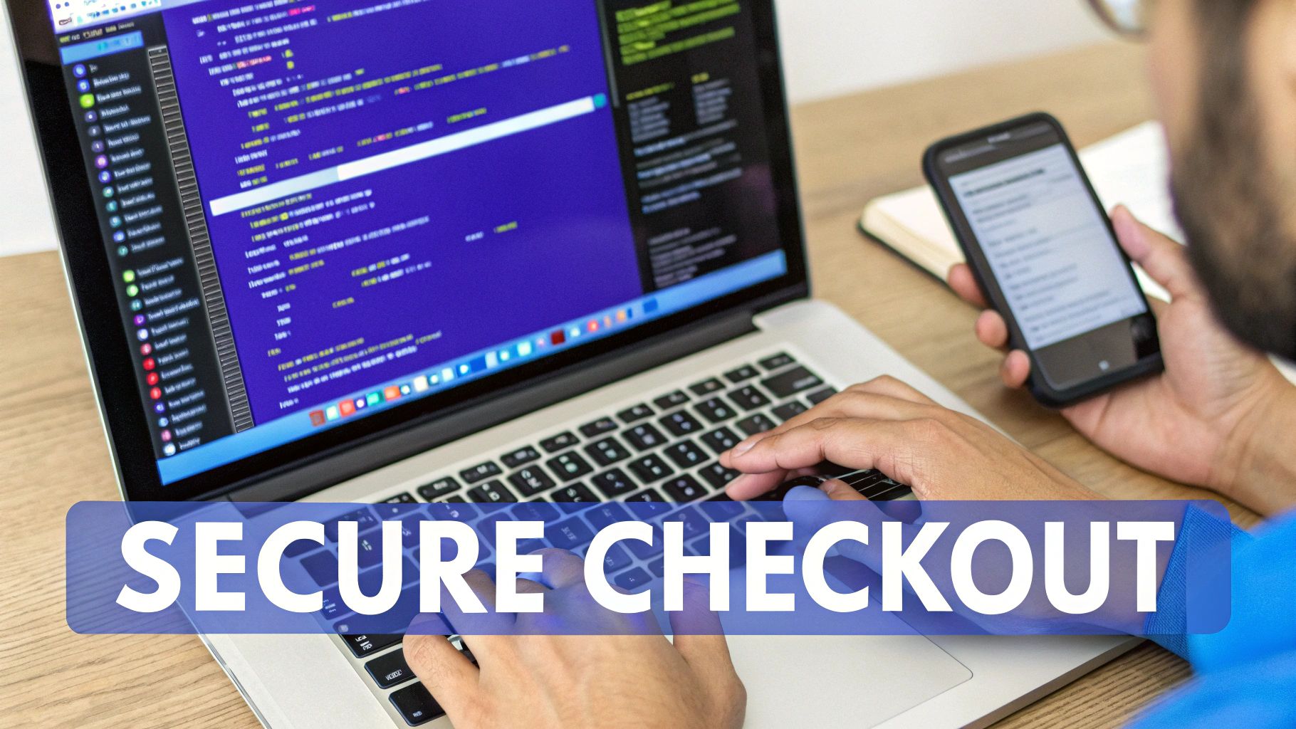 A person typing on a laptop with code displayed, holding a smartphone, with 'SECURE CHECKOUT' text overlay.