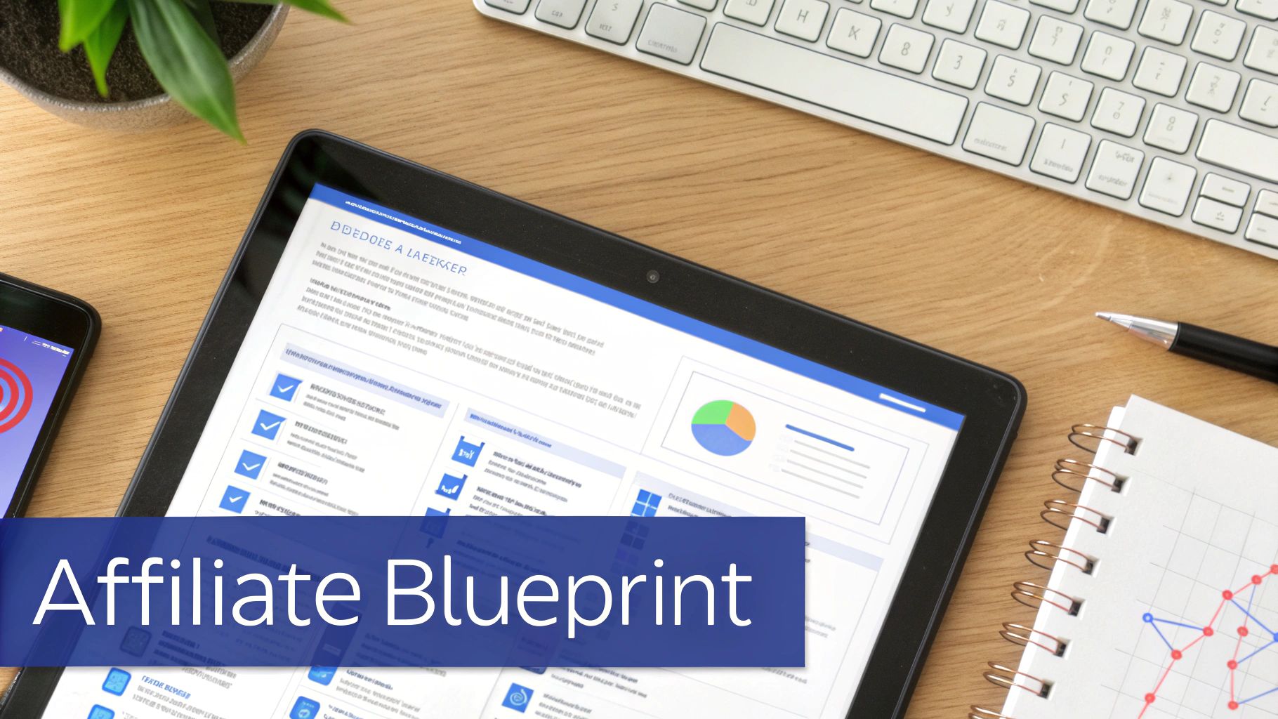 A tablet on a wooden desk displays an 'Affiliate Blueprint' document, surrounded by office items.