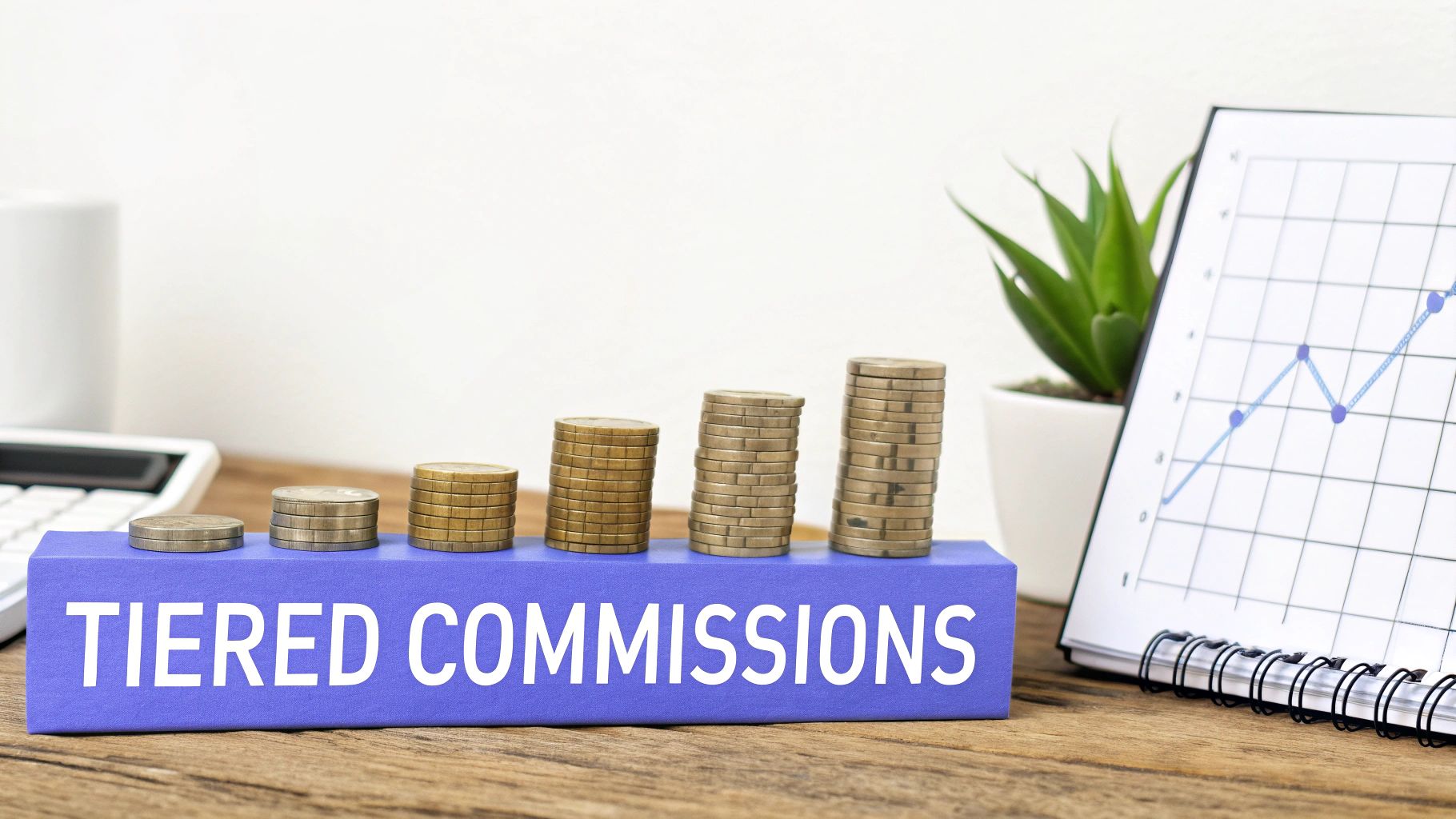 Rising stacks of coins and a graph on a blue block saying 'TIERED COMMISSIONS'.