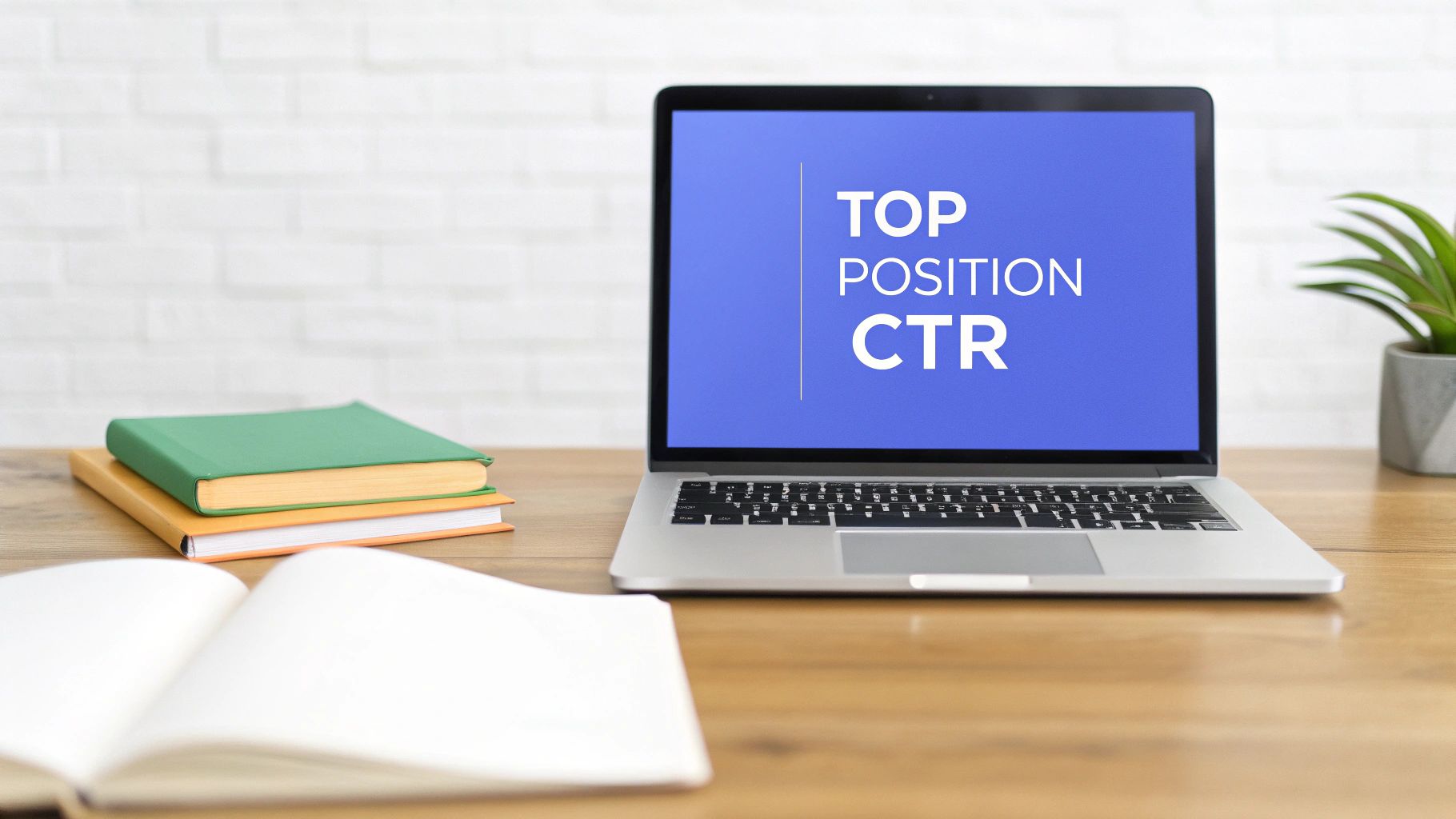 Laptop displaying top position CTR text on screen with notebooks on wooden desk