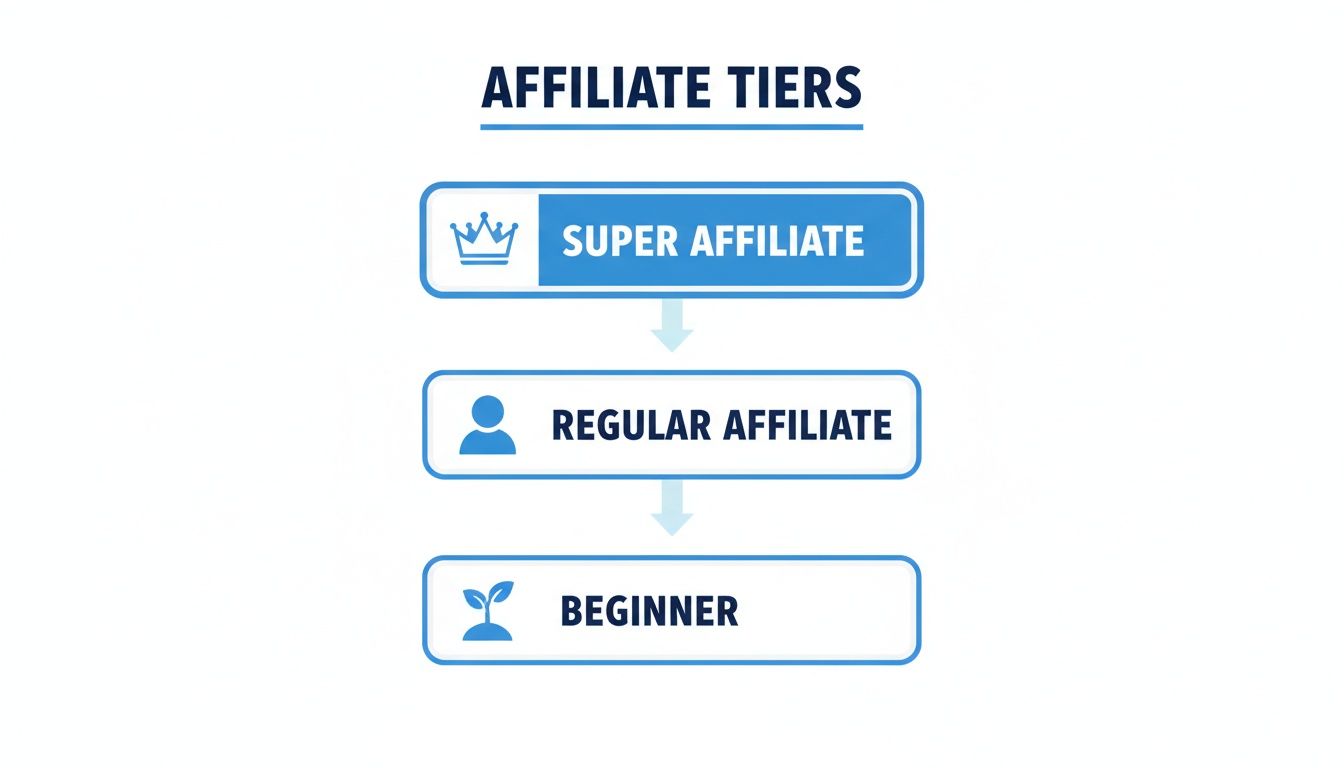 Diagram illustrating affiliate tiers: Super Affiliate, Regular Affiliate, and Beginner levels with icons.