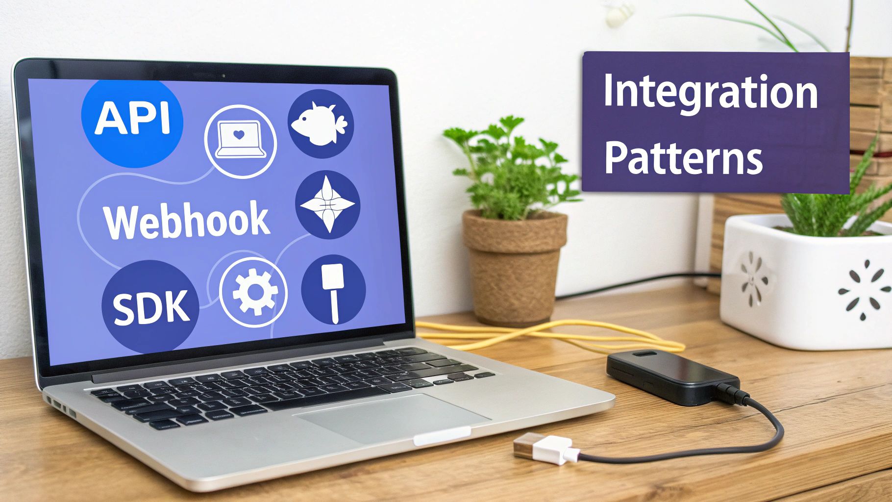 A laptop screen on a wooden desk displays 'Integration Patterns' with API, Webhook, and SDK concepts.