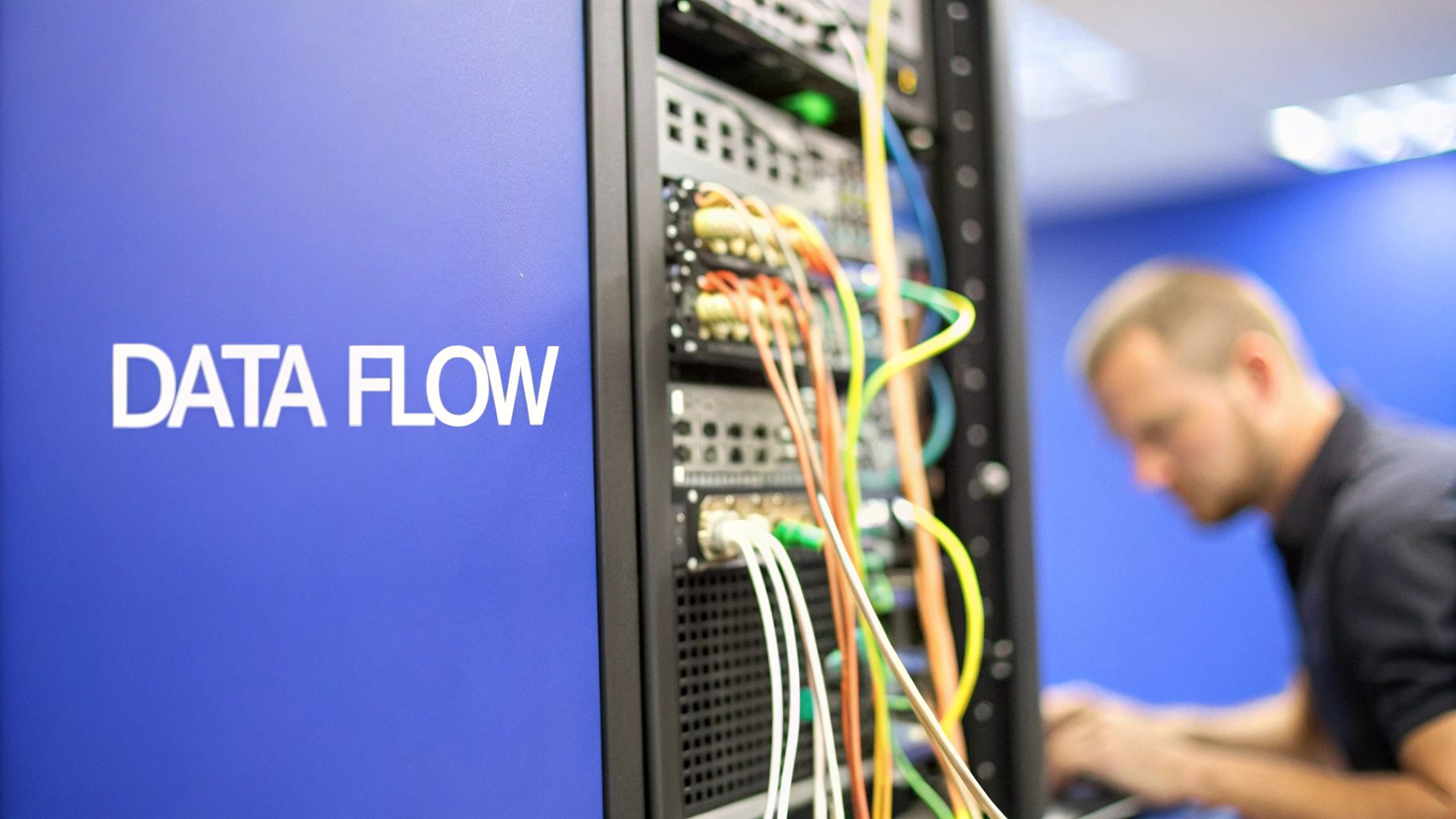 A data center with a server rack full of colorful cables and a sign saying 'DATA FLOW'.