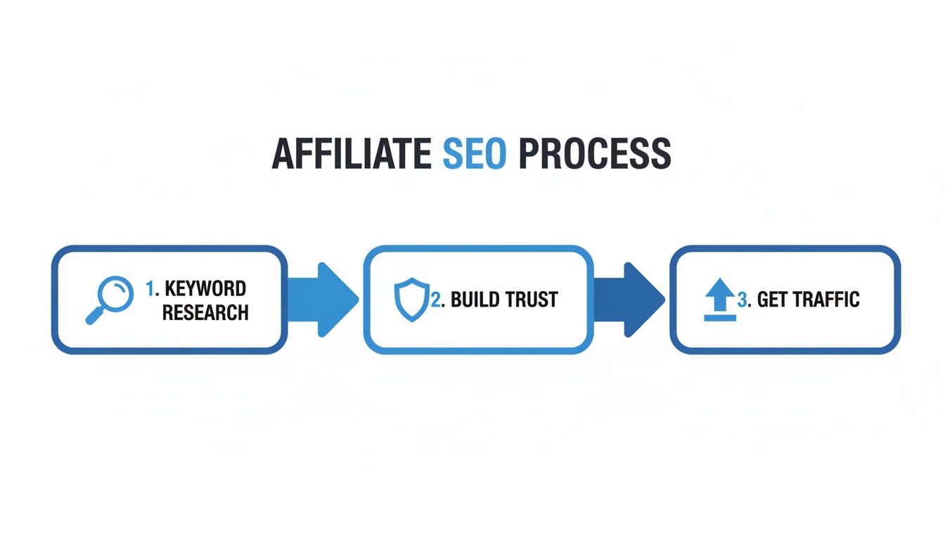 A flowchart outlining the three-step affiliate SEO process: keyword research, build trust, and get traffic.