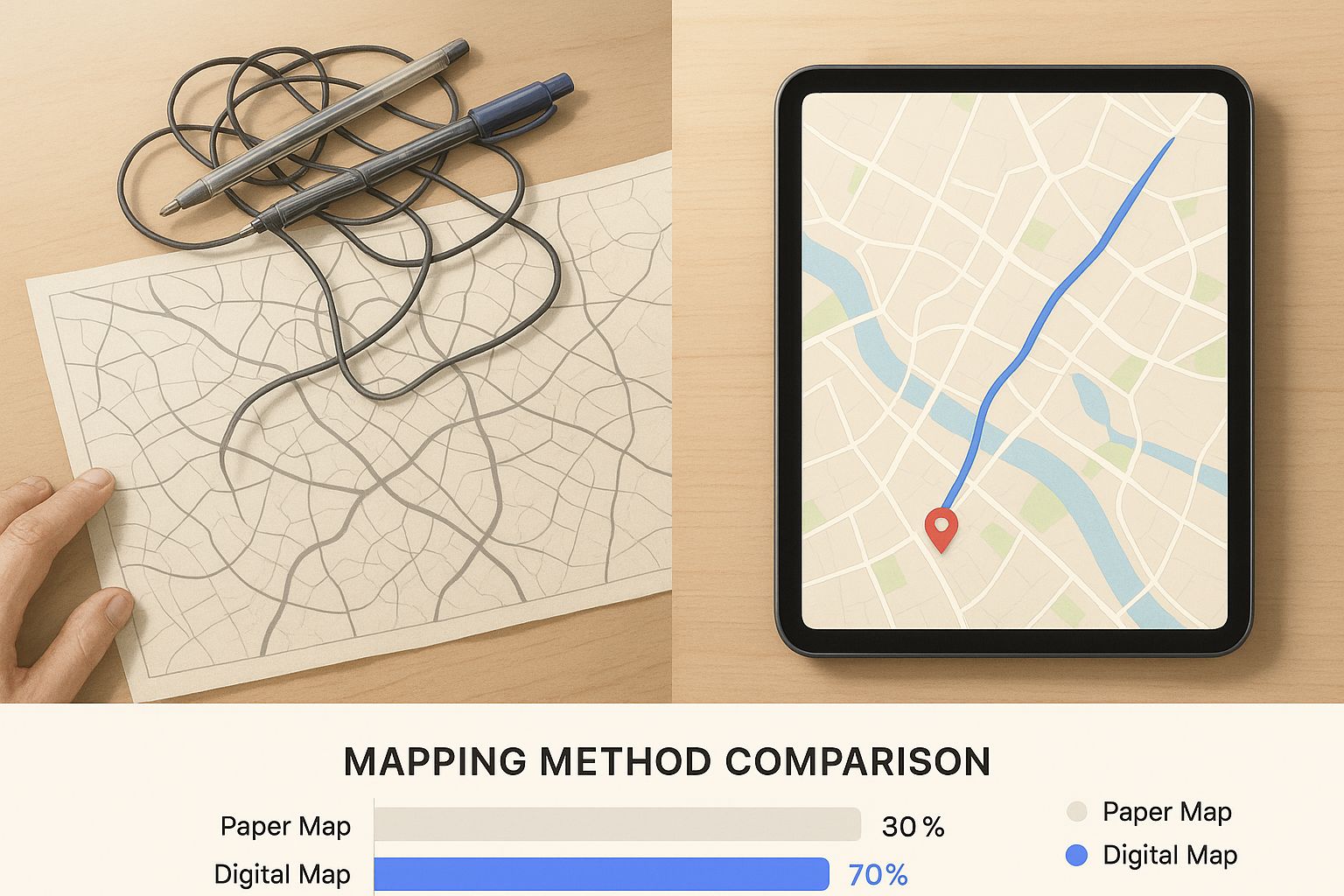 Infographic showing a cluttered desk with a hand-drawn map versus a sleek tablet with a clear GPS path.
