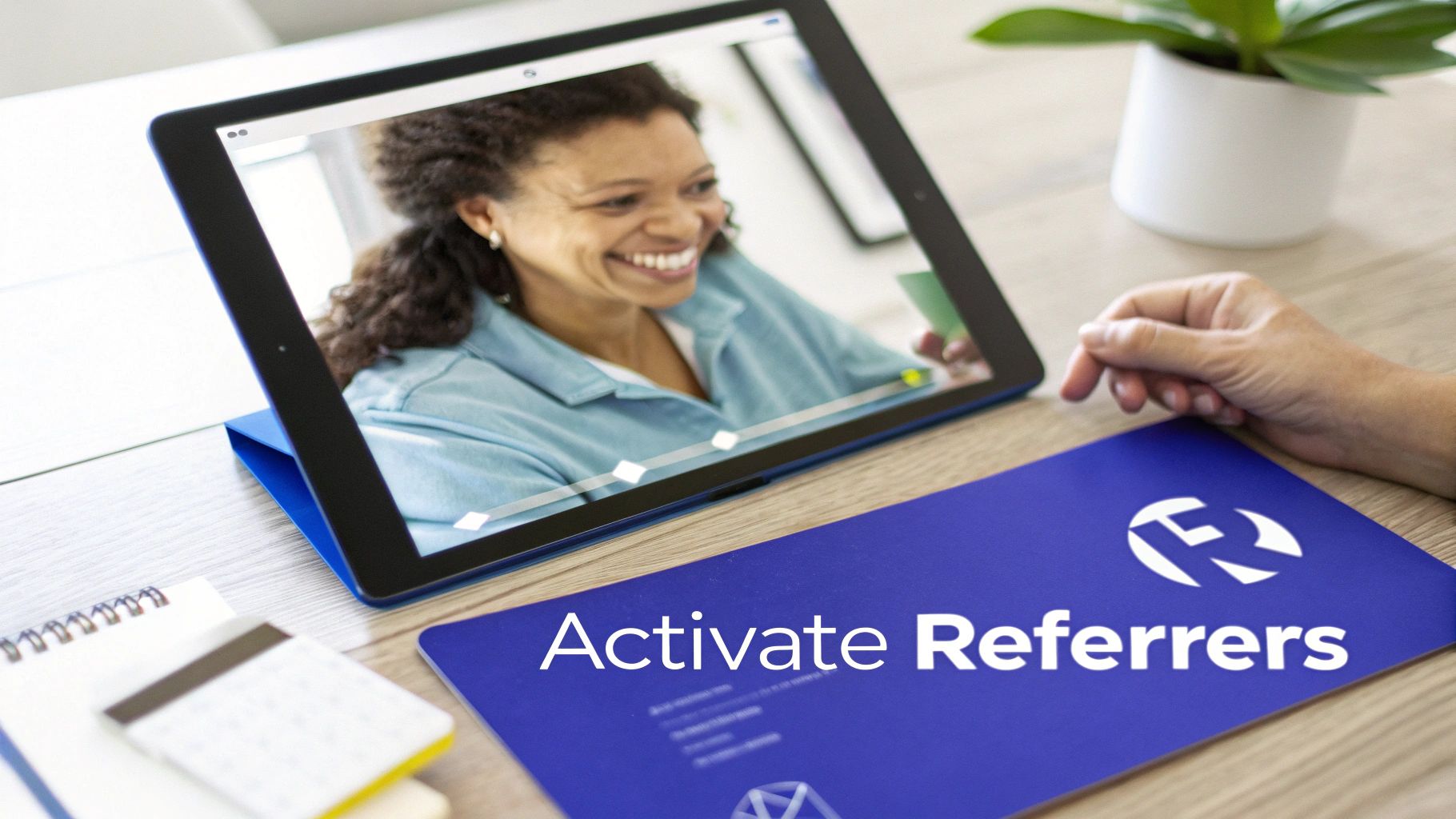Smiling woman on a tablet video conference, next to a blue 'Activate Referrers' document.