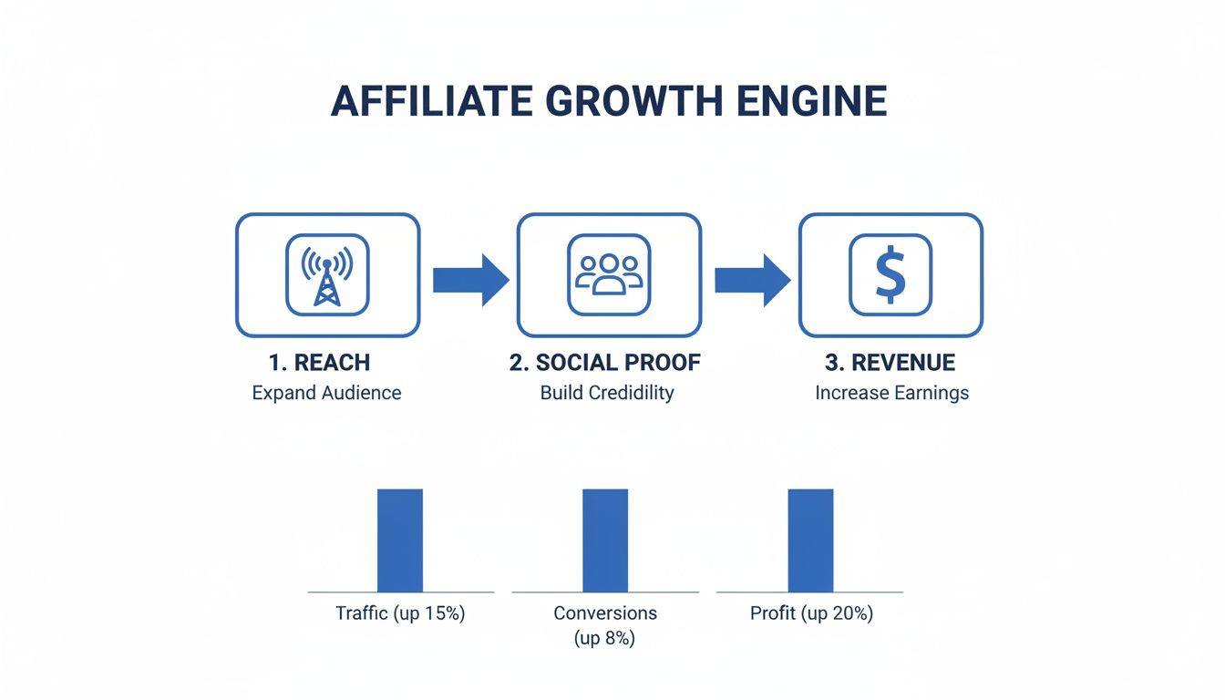 Diagram illustrating the Affiliate Growth Engine with steps: Reach, Social Proof, and Revenue, showing increased traffic, conversions, and profit.