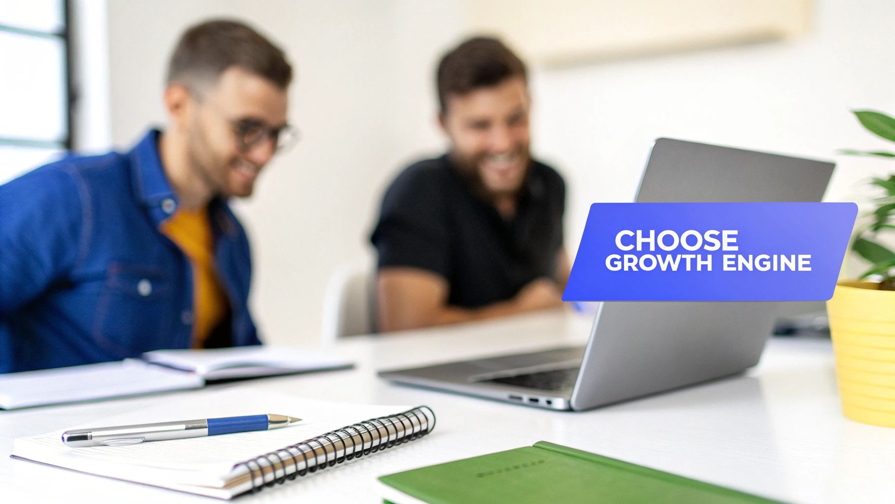 Two smiling men collaborating in an office, focused on a laptop with a 'Choose Growth Engine' overlay.