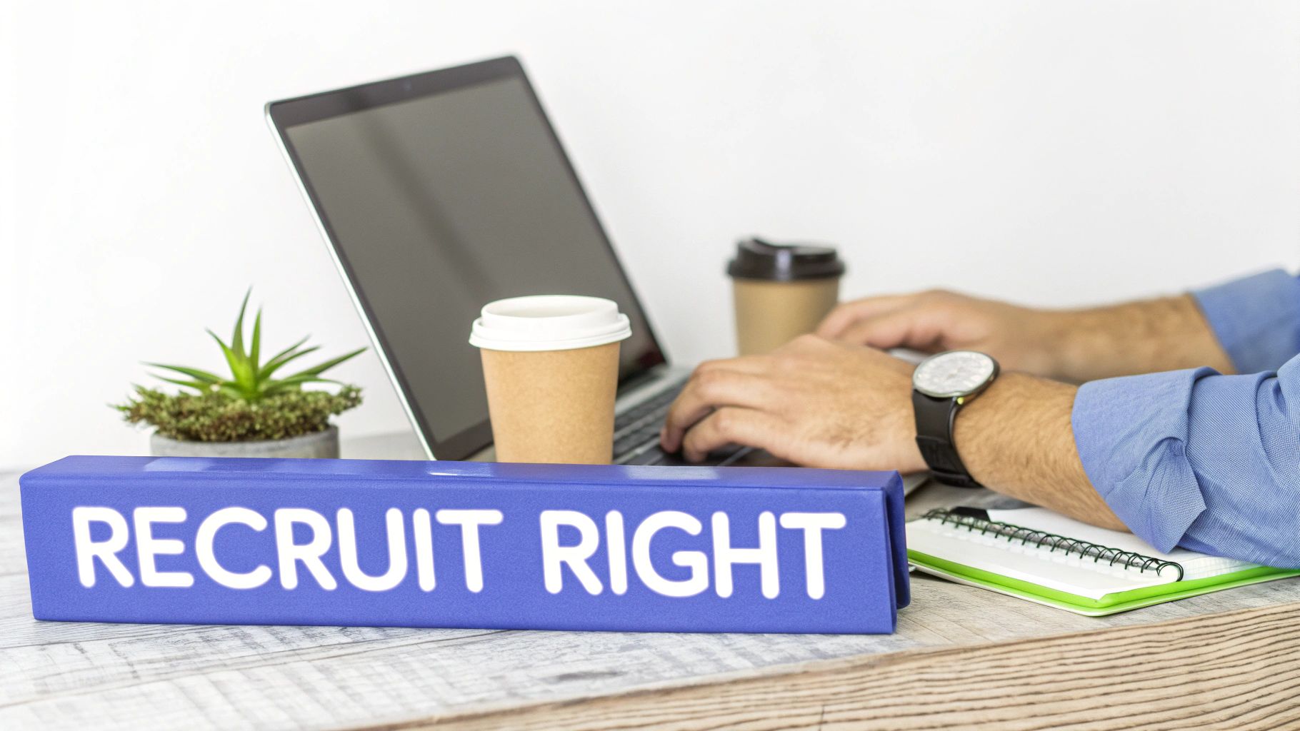 Professional working on laptop with recruit right binder for hiring and recruitment management