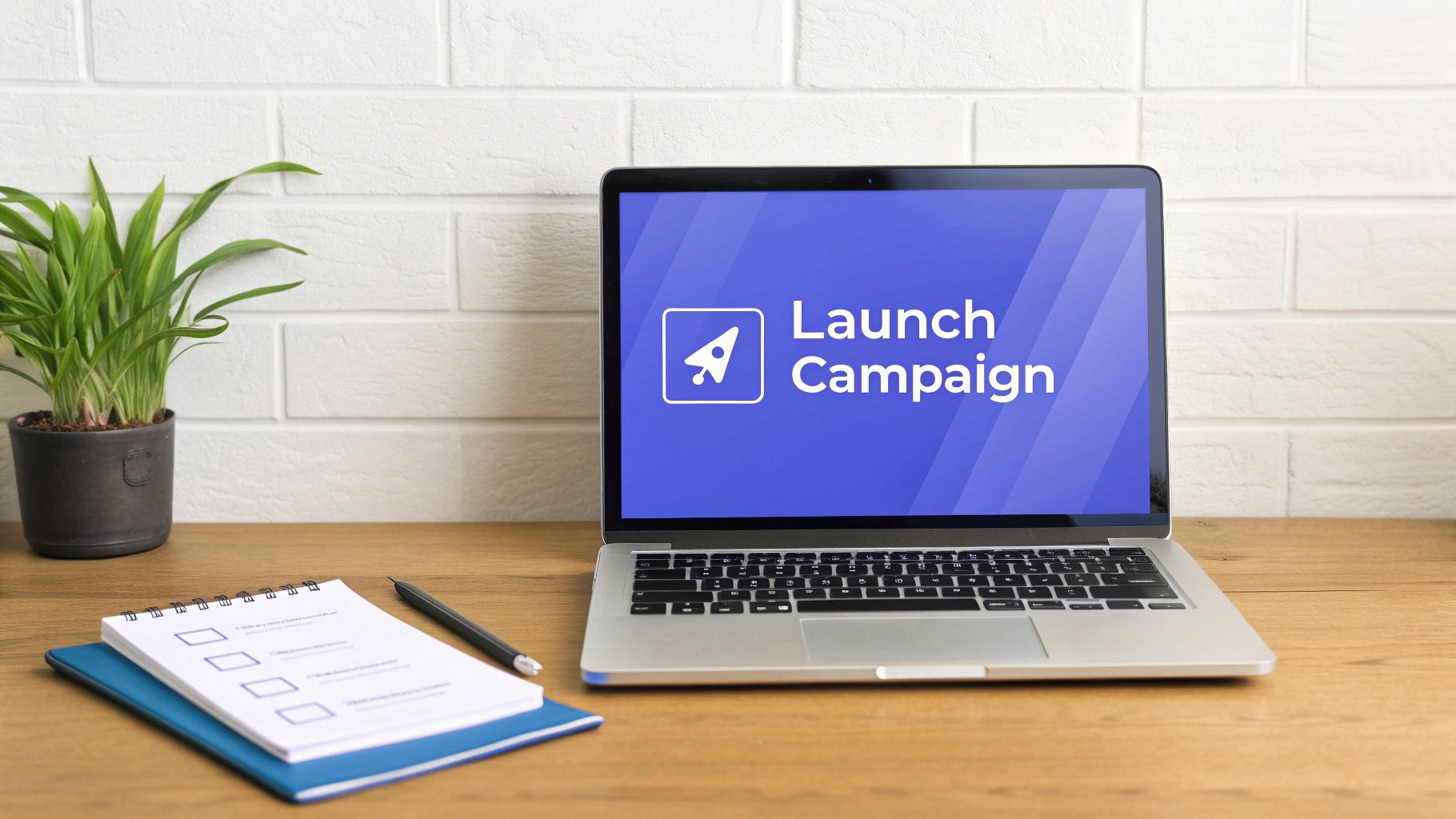 A laptop on a wooden desk shows 'Launch Campaign' with a rocket icon, with a plant and notebook.