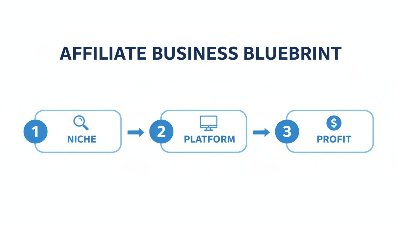 A three-step affiliate business blueprint showing Niche, Platform, and Profit with icons.