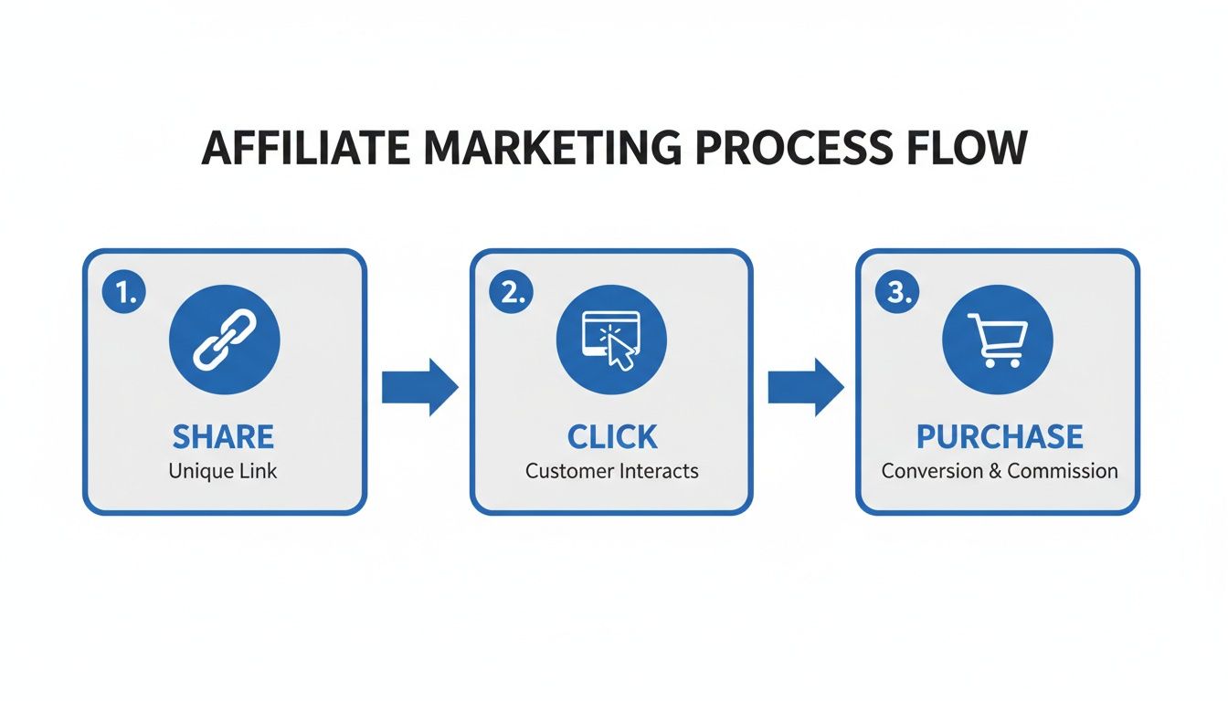 Diagram showing the 3-step affiliate marketing process: share, click, and purchase.