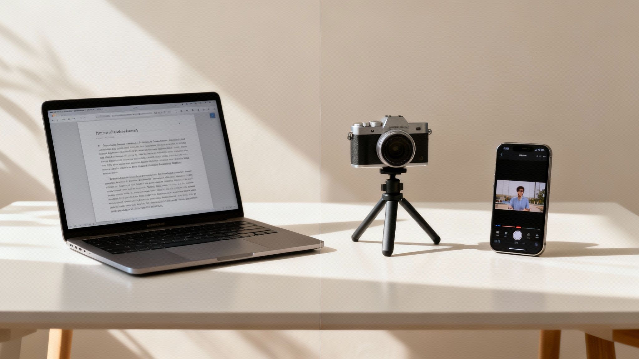 A person sitting at a desk with a laptop, camera, and microphone, deciding between blogging, YouTube, or social media for their affiliate marketing platform.