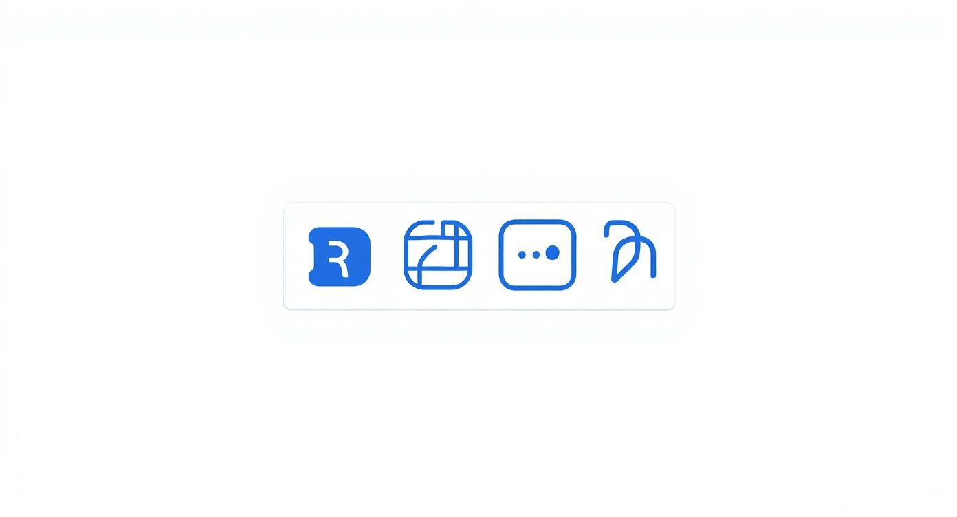 Four blue minimalist app icons, including an 'R' and dots, on a white background.