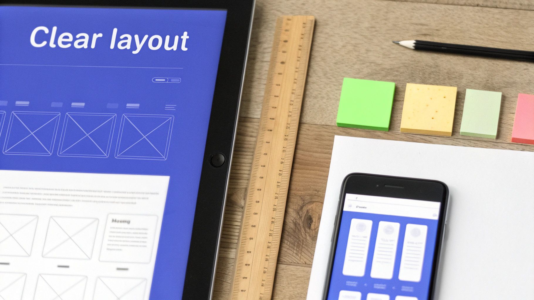 A flat lay of UI/UX design tools including a tablet, smartphone, ruler, and sticky notes on a desk.