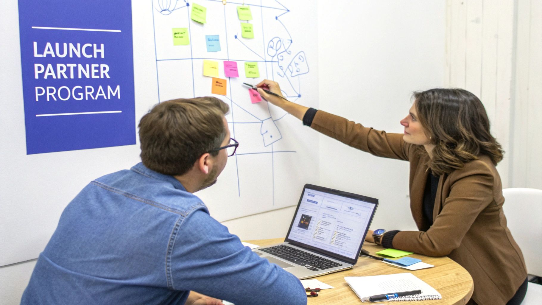 Two colleagues strategizing on a whiteboard with sticky notes for a partner program launch.