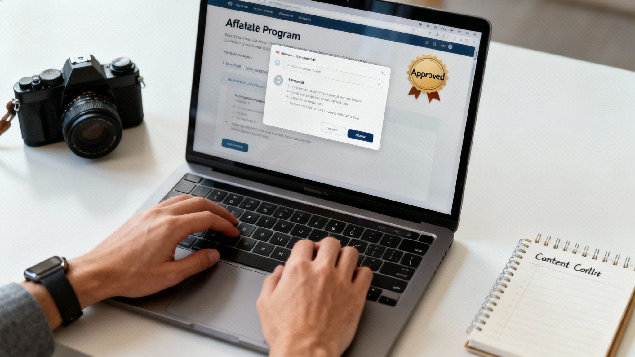 A person's hands typing on a laptop, with a screen showing an affiliate program dashboard with charts and graphs.