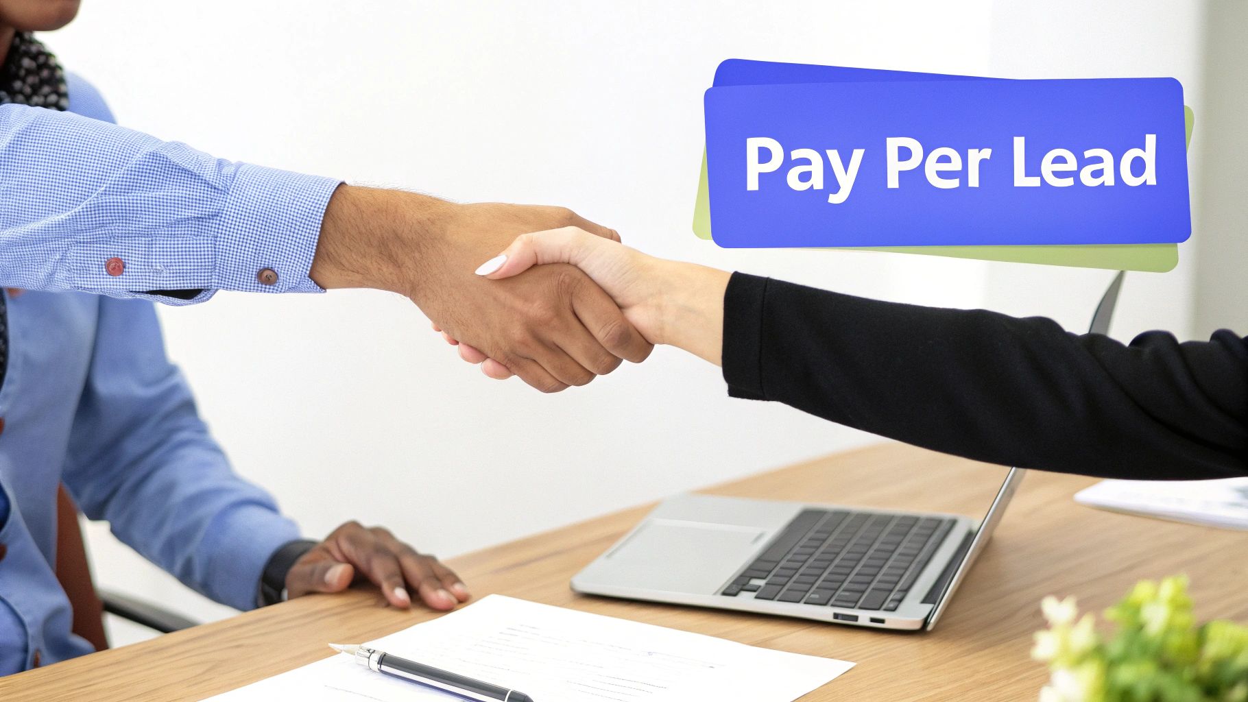 Two business professionals shaking hands over a desk, with a 'Pay Per Lead' sign displayed.