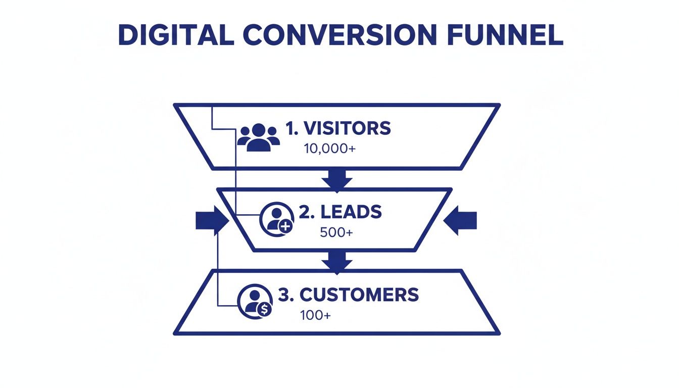 Digital conversion funnel diagram showing the flow from 10,000+ visitors to 500+ leads and 100+ customers.