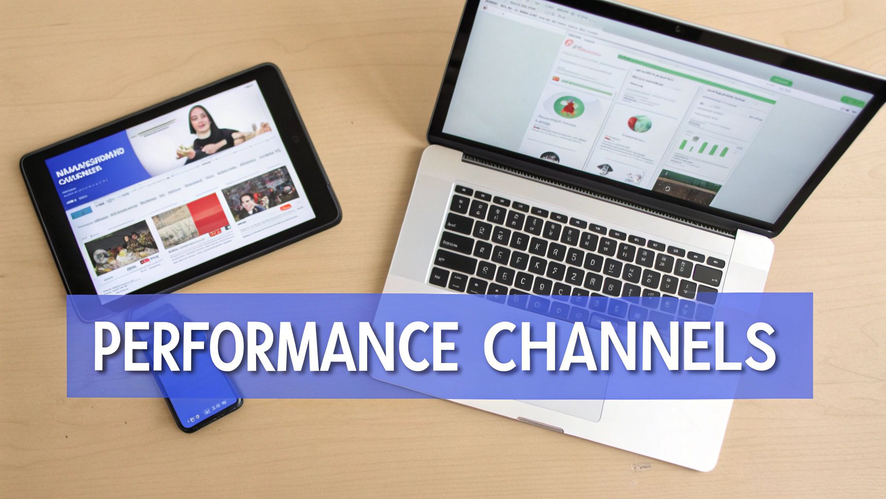 A top-down view of a tablet, laptop, and smartphone on a wooden desk, displaying various digital performance channels.