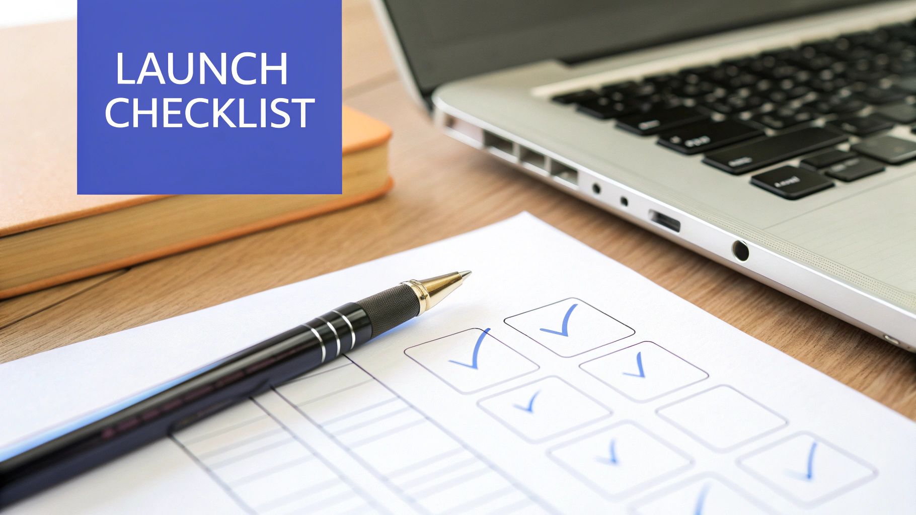 A 'LAUNCH CHECKLIST' on a blue box, with a pen, paper with checkmarks, and a laptop on a wooden desk.