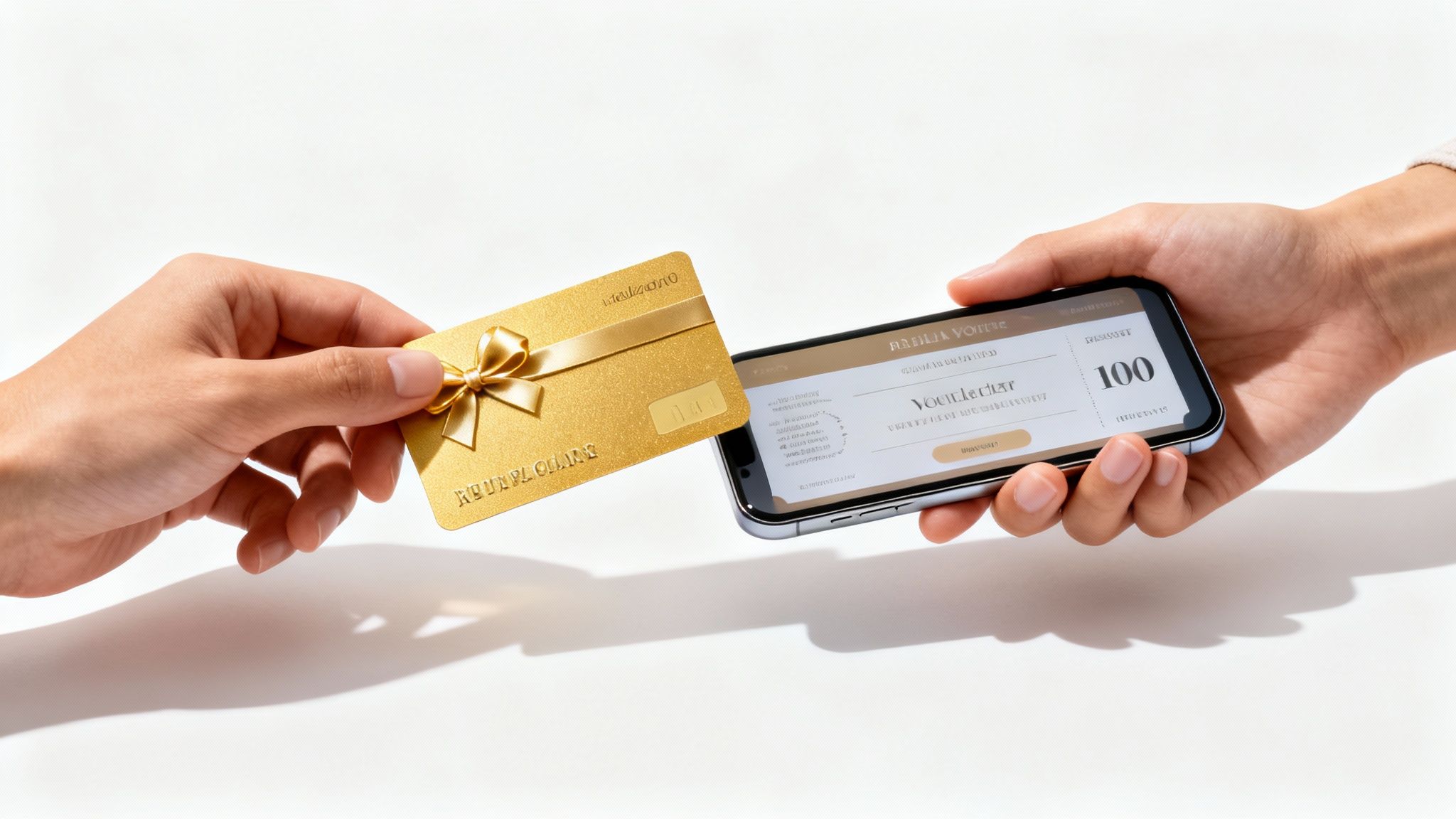 A hand holding a gift box tied with a ribbon, symbolizing a rewarding referral offer.