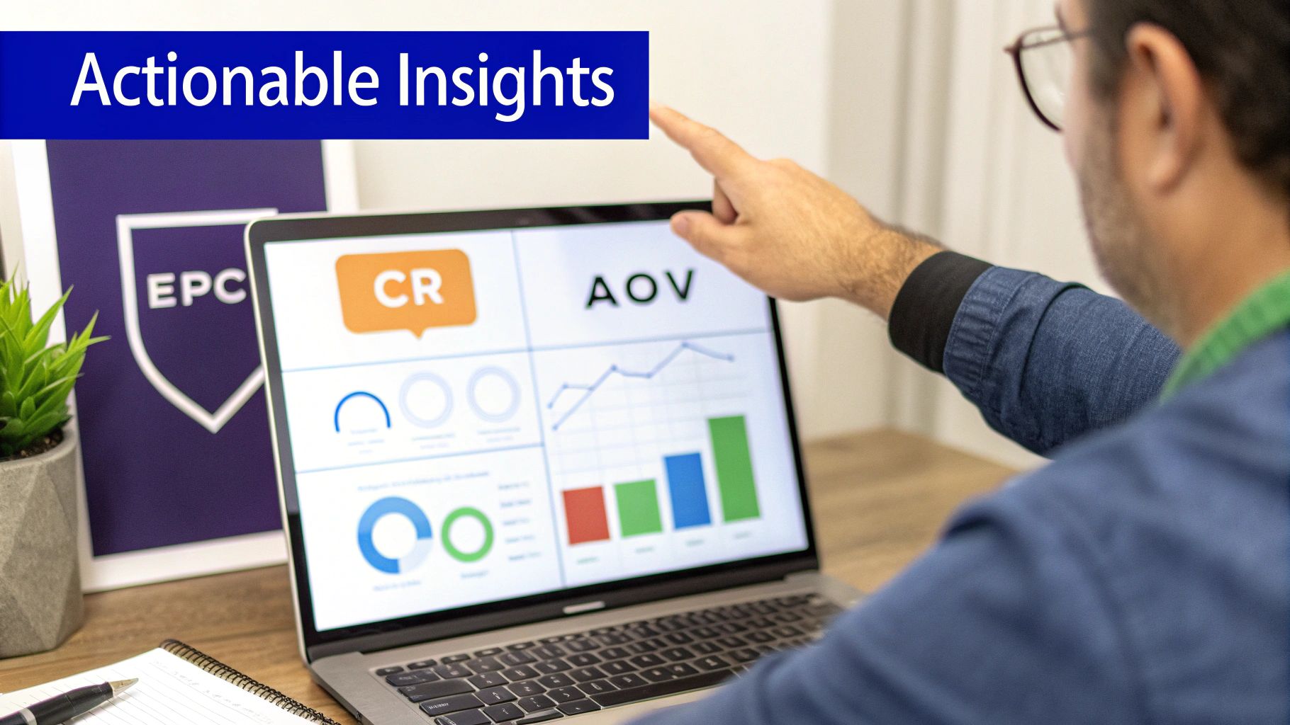 A person points at a laptop screen displaying various business analytics charts and data insights.