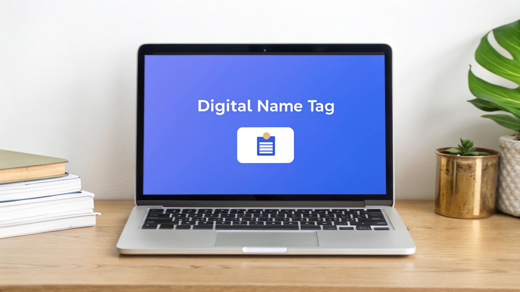 A silver laptop on a wooden desk displays 'Digital Name Tag' on its vibrant blue screen.
