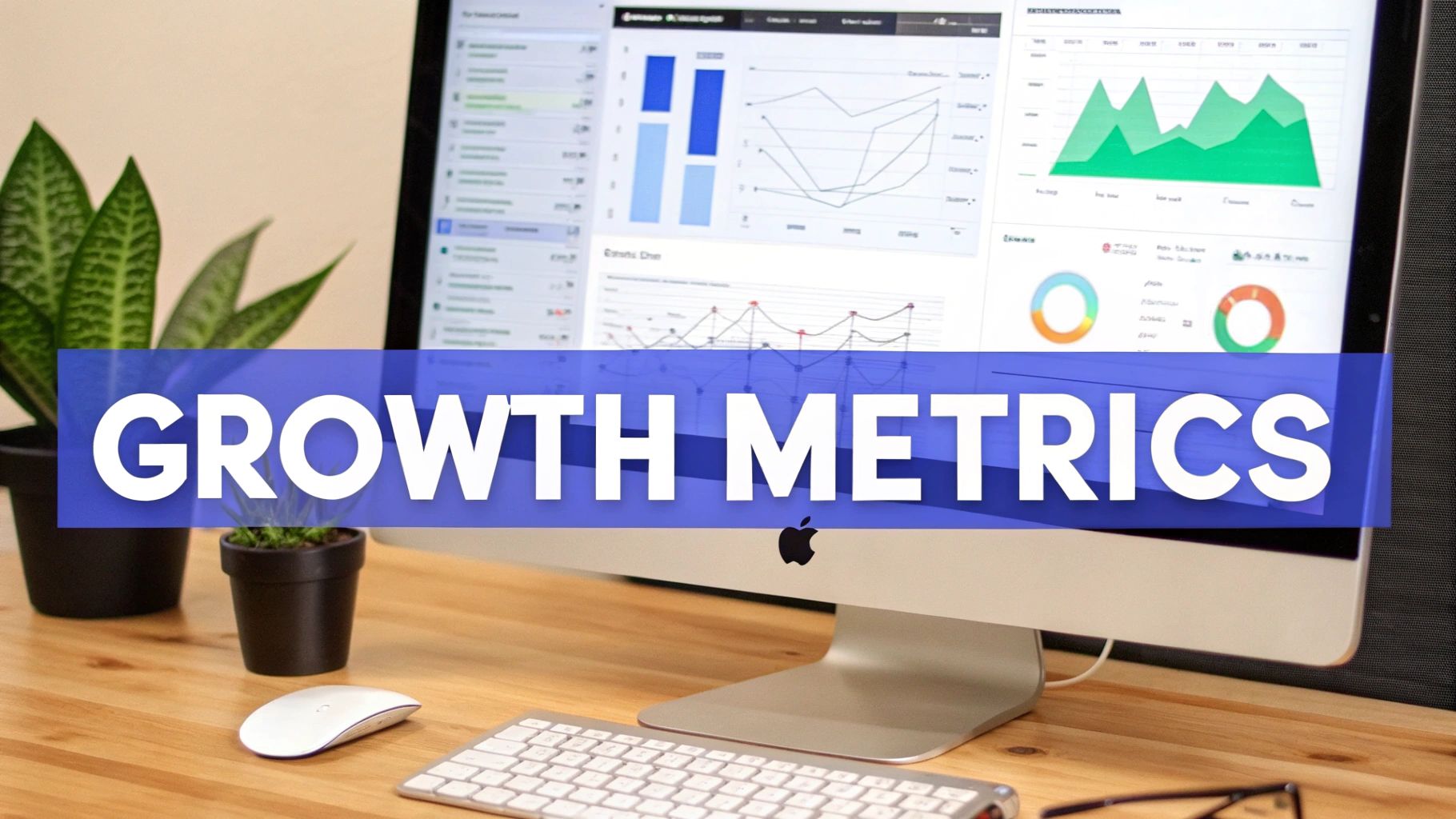 A computer monitor displays business growth metrics charts and graphs on a wooden desk with plants and peripherals.