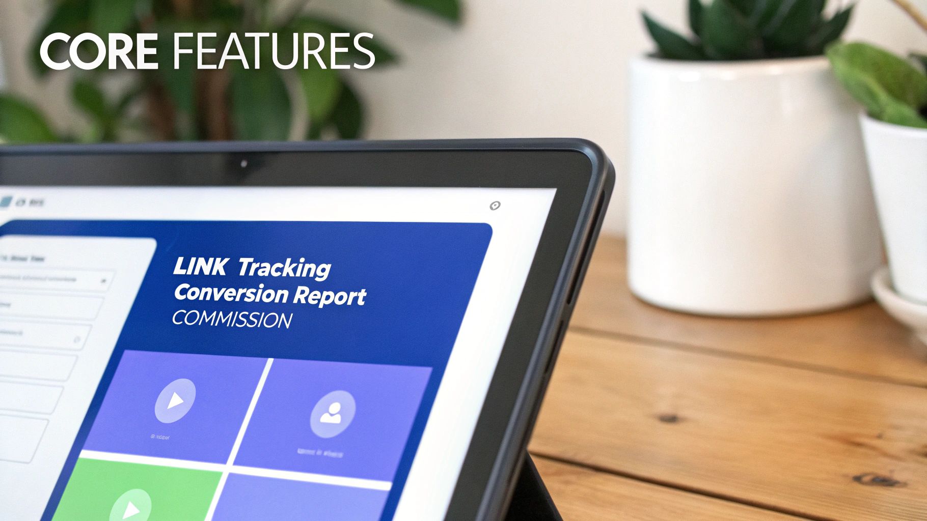 A tablet displaying 'LINK Tracking', 'Conversion Report', and 'COMMISSION' features, on a wooden desk.