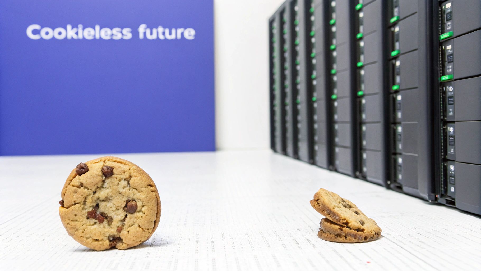 Chocolate chip cookies sit before a 'Cookieless future' sign and server racks.