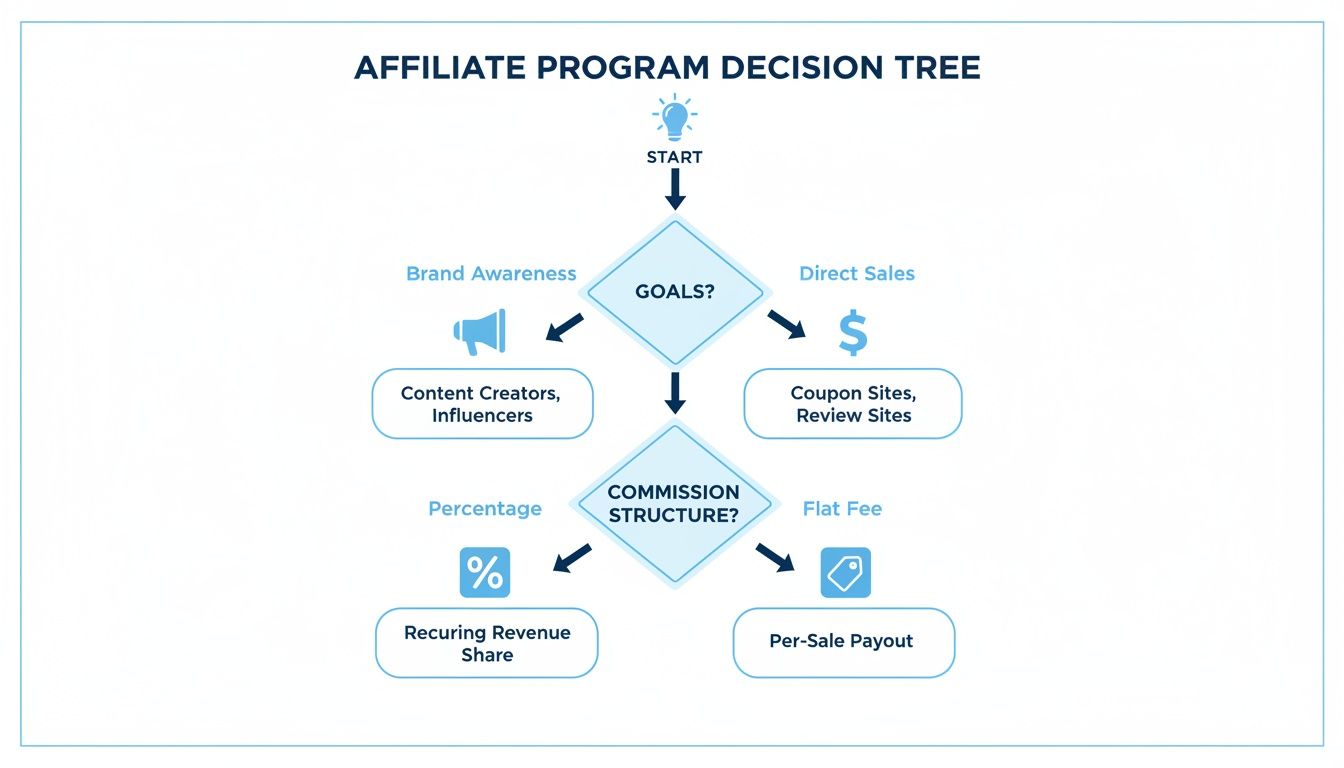 An affiliate program decision tree flowchart showing goals and commission structures.