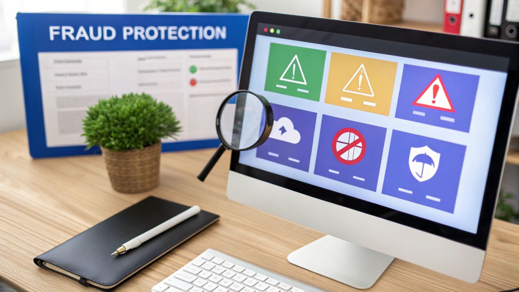 A desk with a computer displaying security icons, a magnifying glass, and a 'FRAUD PROTECTION' sign.