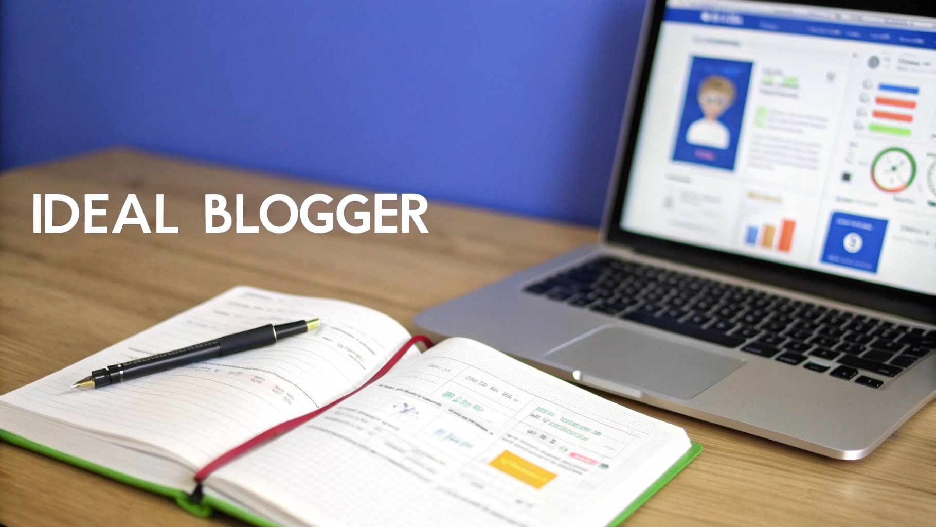 A workspace featuring a silver laptop, open notebook with a pen, and 'IDEAL BLOGGER' text on a wooden desk.