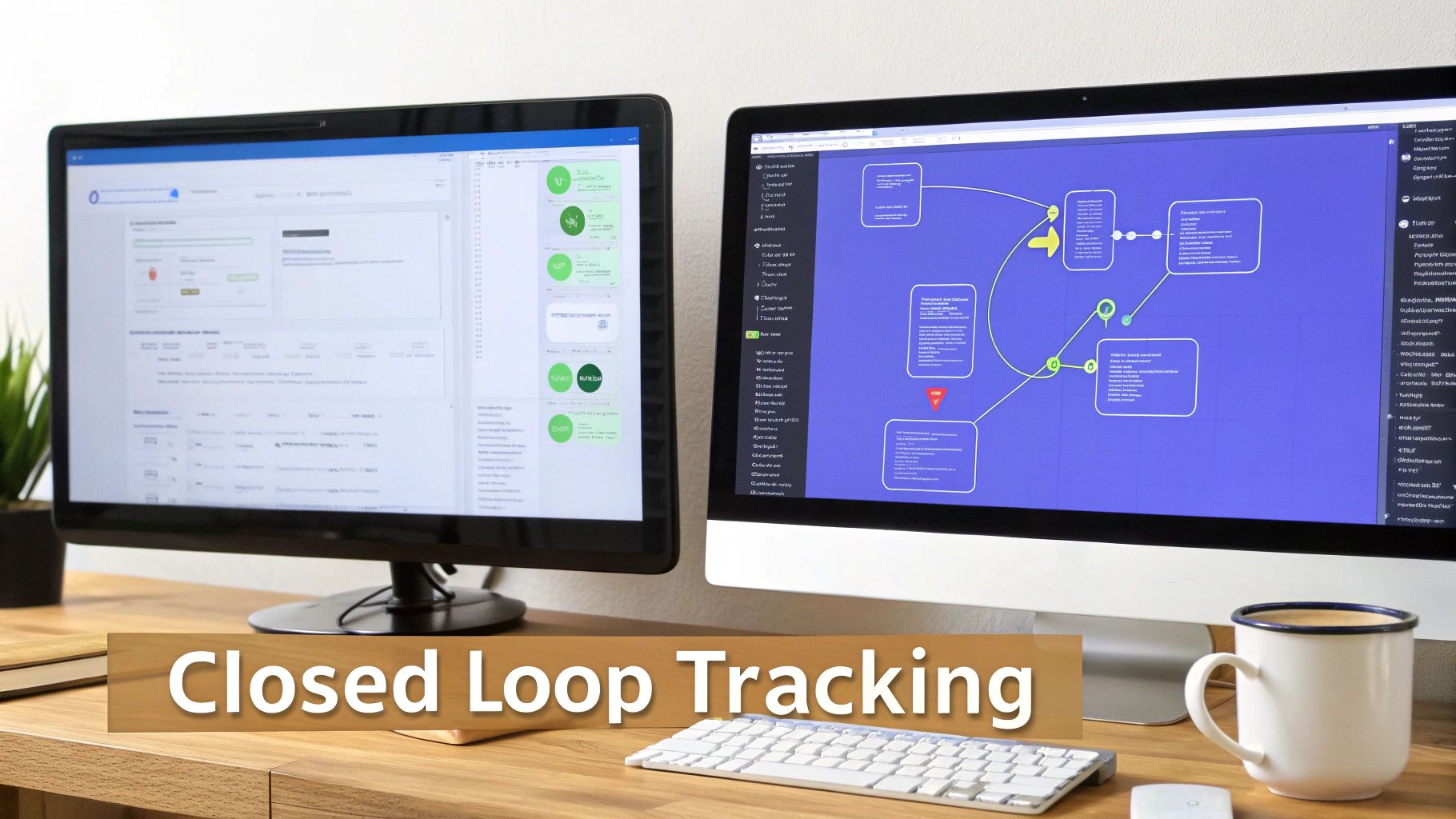Two computer monitors on a desk display business data dashboards and a process flow diagram for closed-loop tracking.
