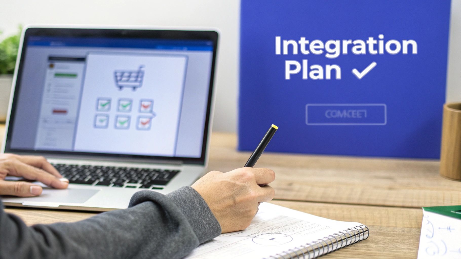 A person works on a laptop with an e-commerce checklist while reviewing an integration plan.